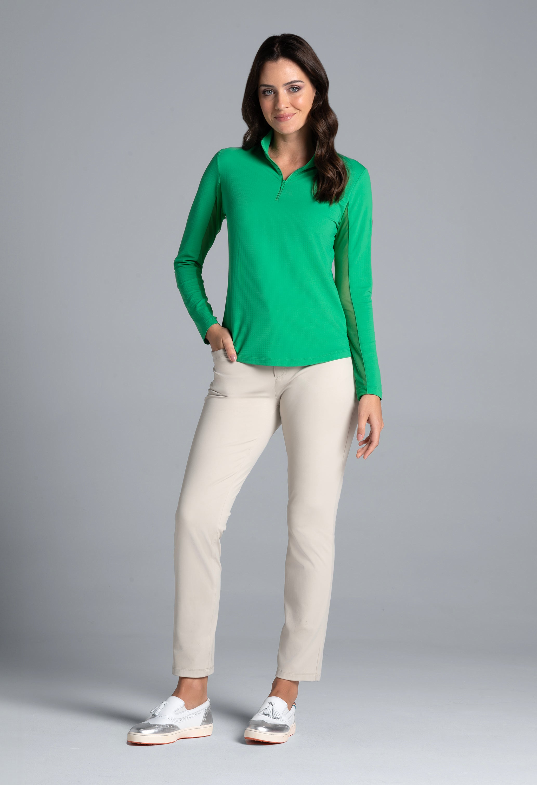 IBKÜL - Lucky Charm Print Long Sleeve Mock Neck Top – 10176 - Color: Green