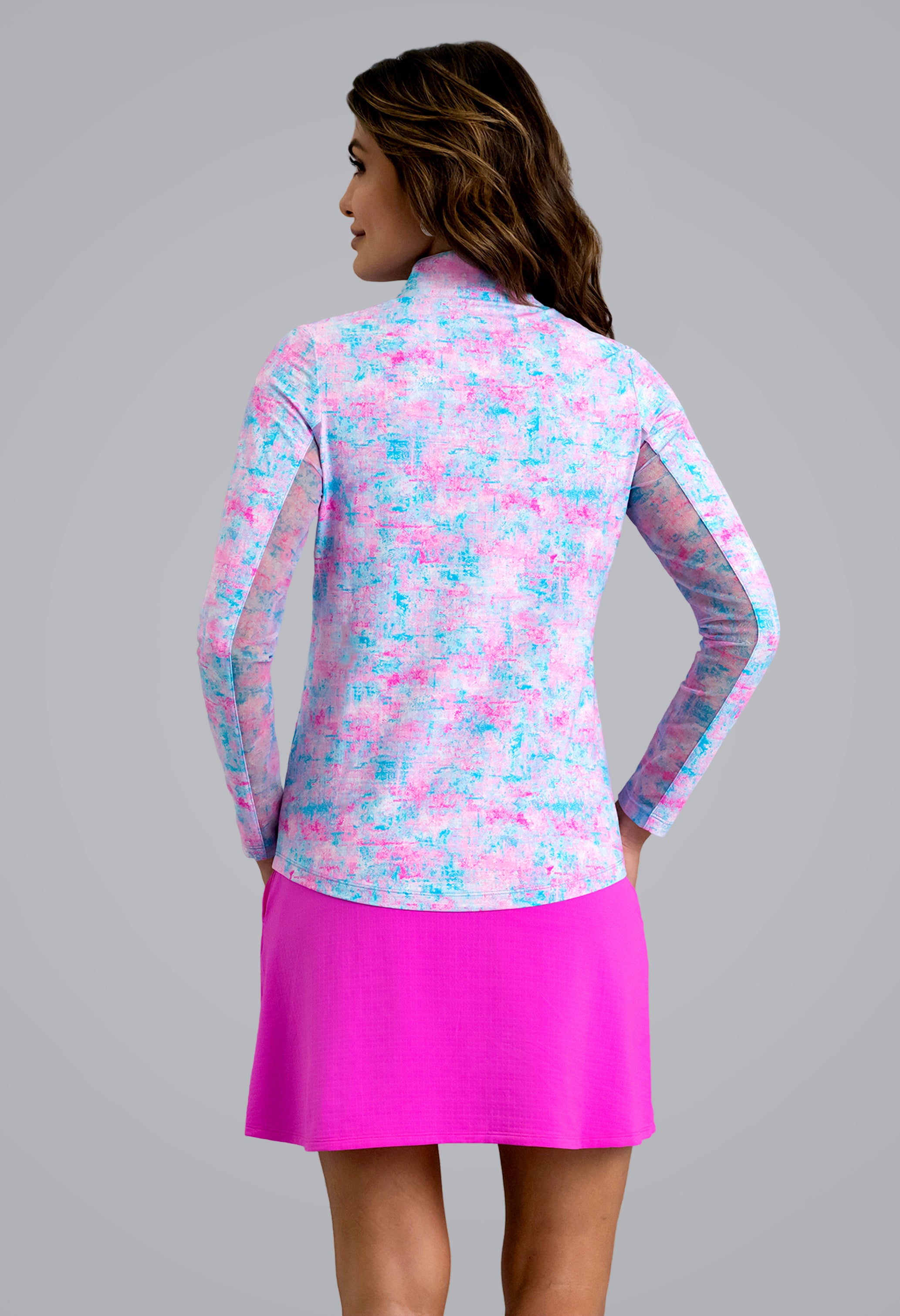 IBKÜL - Kate Long Sleeve Mock Neck Top - Color: Hot Pink/Turquoise