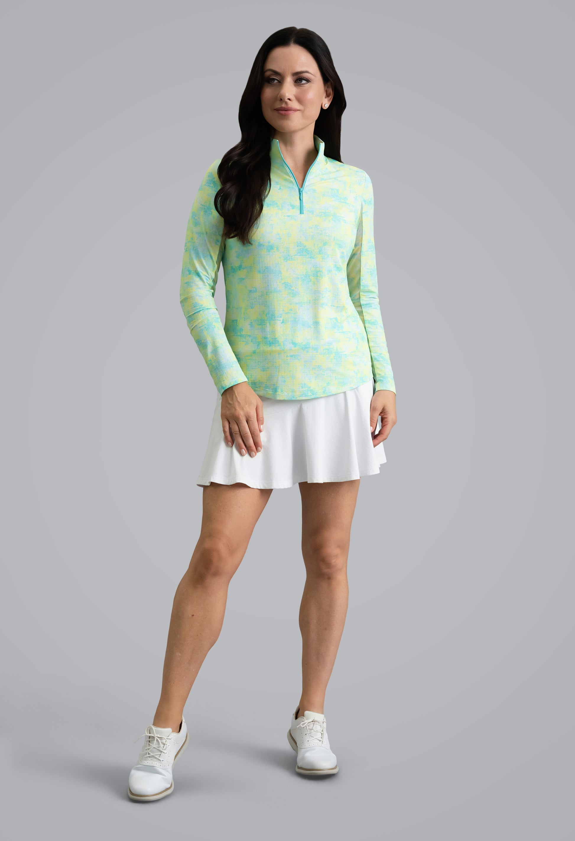 IBKÜL - Kate Long Sleeve Mock Neck Top - Color: Lemonade/Seafoam