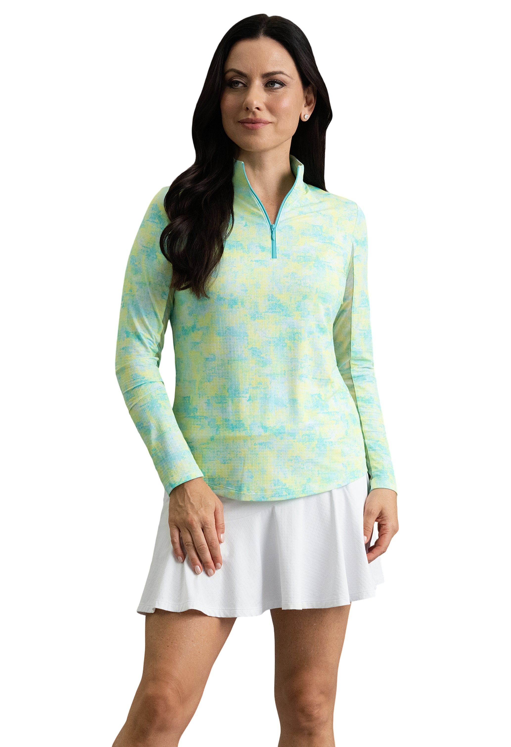 IBKÜL - Kate Long Sleeve Mock Neck Top - Color: Lemonade/Seafoam
