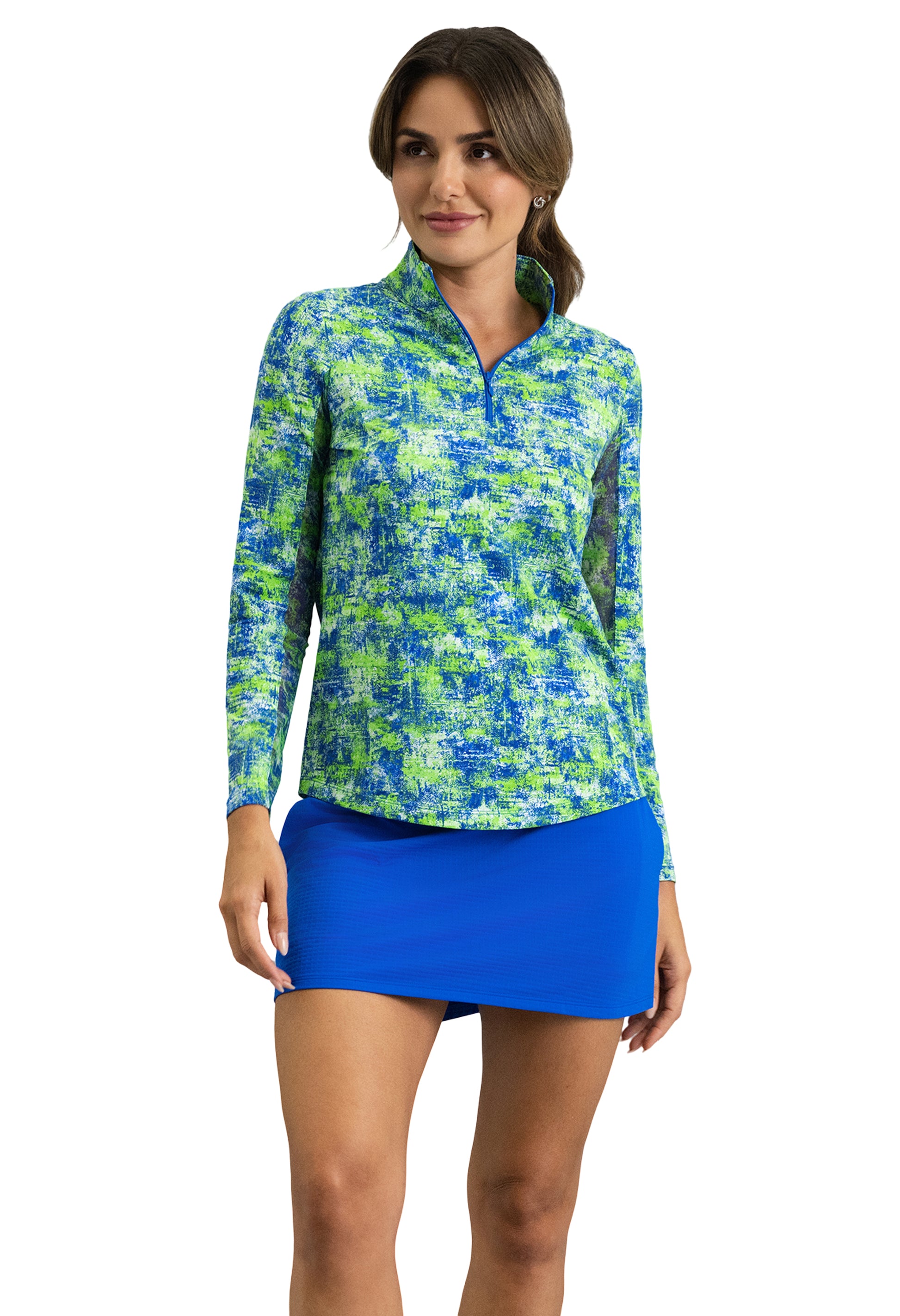 IBKÜL - Kate Long Sleeve Mock Neck Top - Color: Lime/Blue