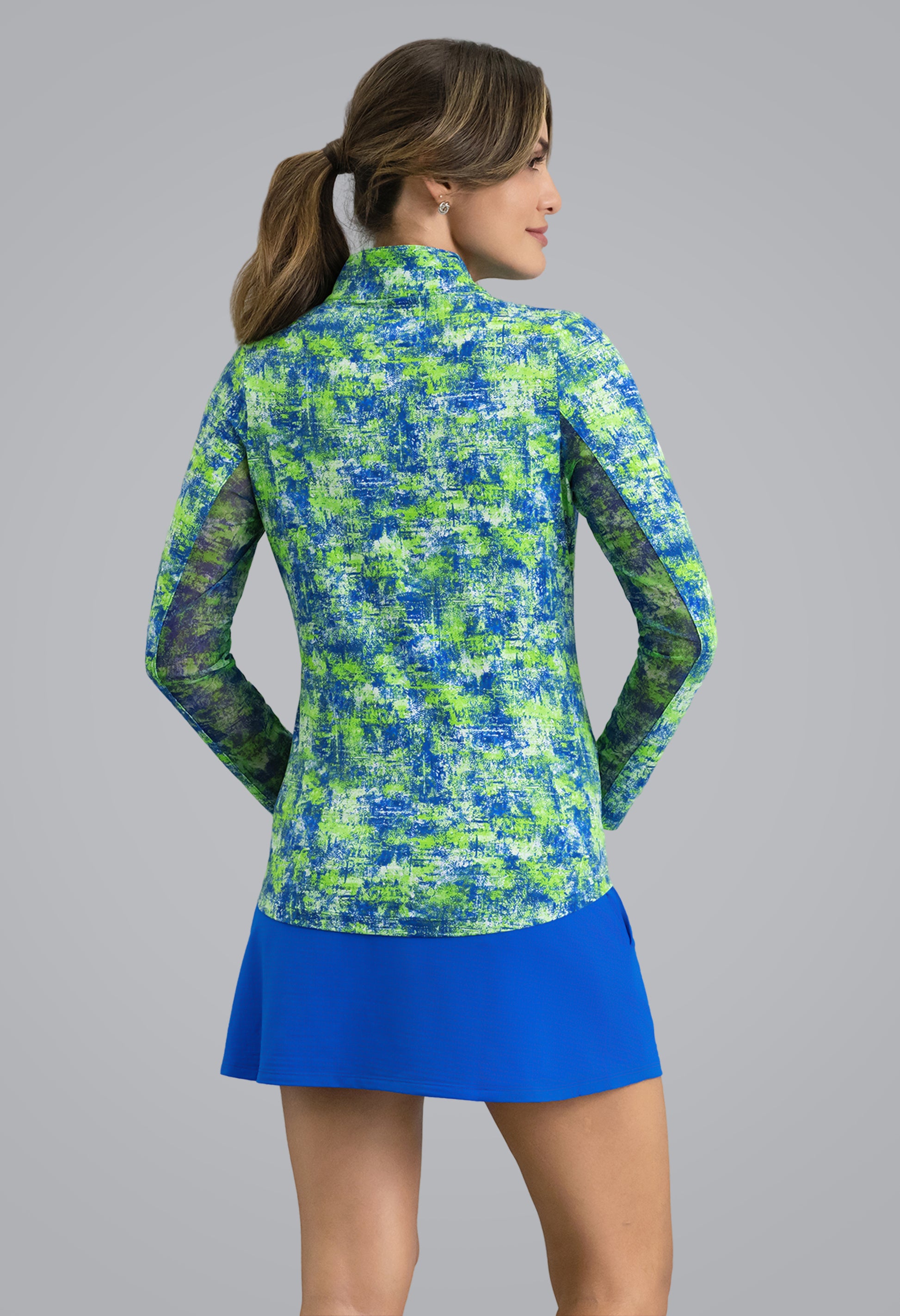 IBKÜL - Kate Long Sleeve Mock Neck Top - Color: Lime/Blue