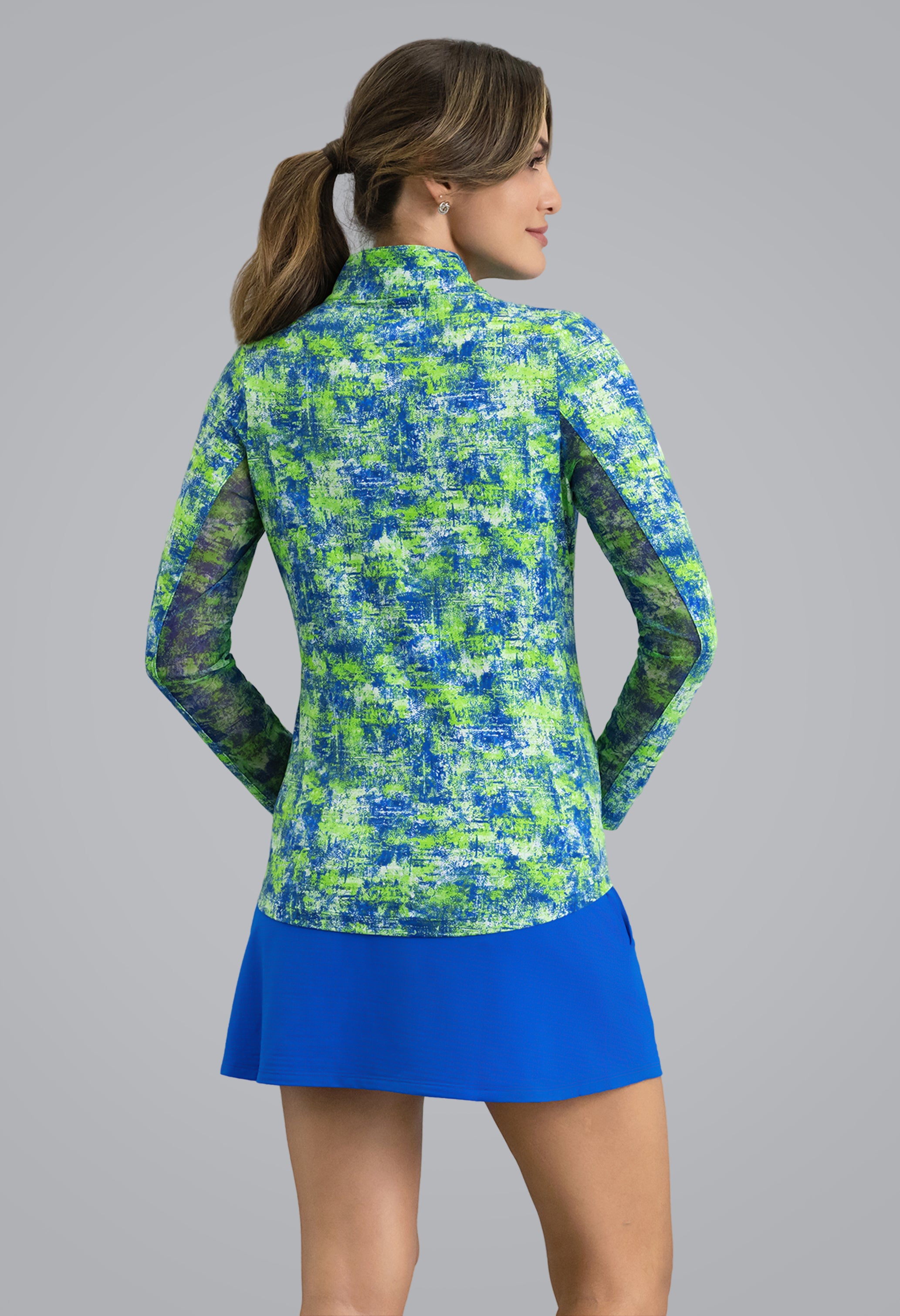 IBKÜL - Kate Long Sleeve Mock Neck Top - Color: Lime/Blue