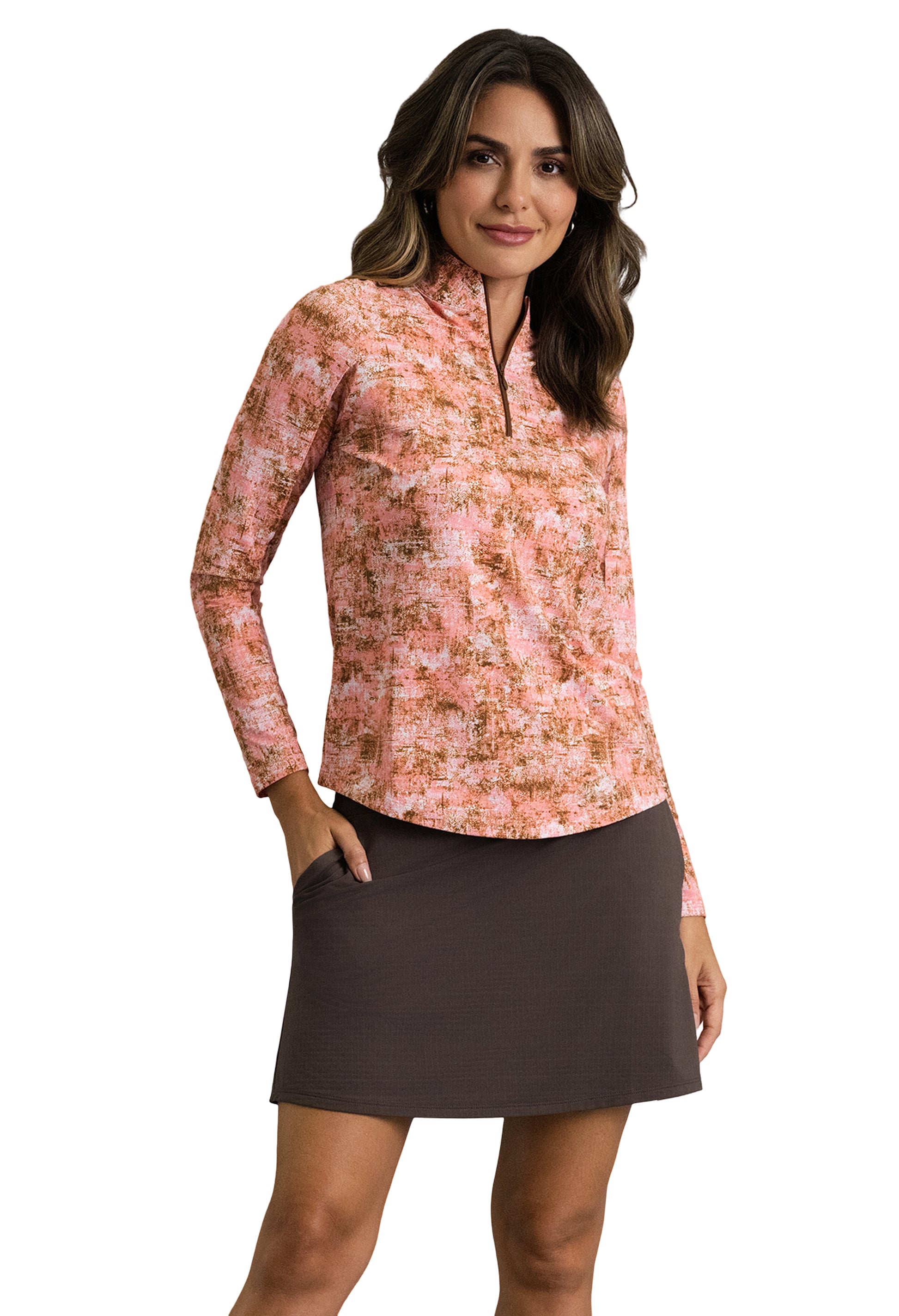 IBKÜL - Kate Long Sleeve Mock Neck Top - Color: Peach/Chocolate