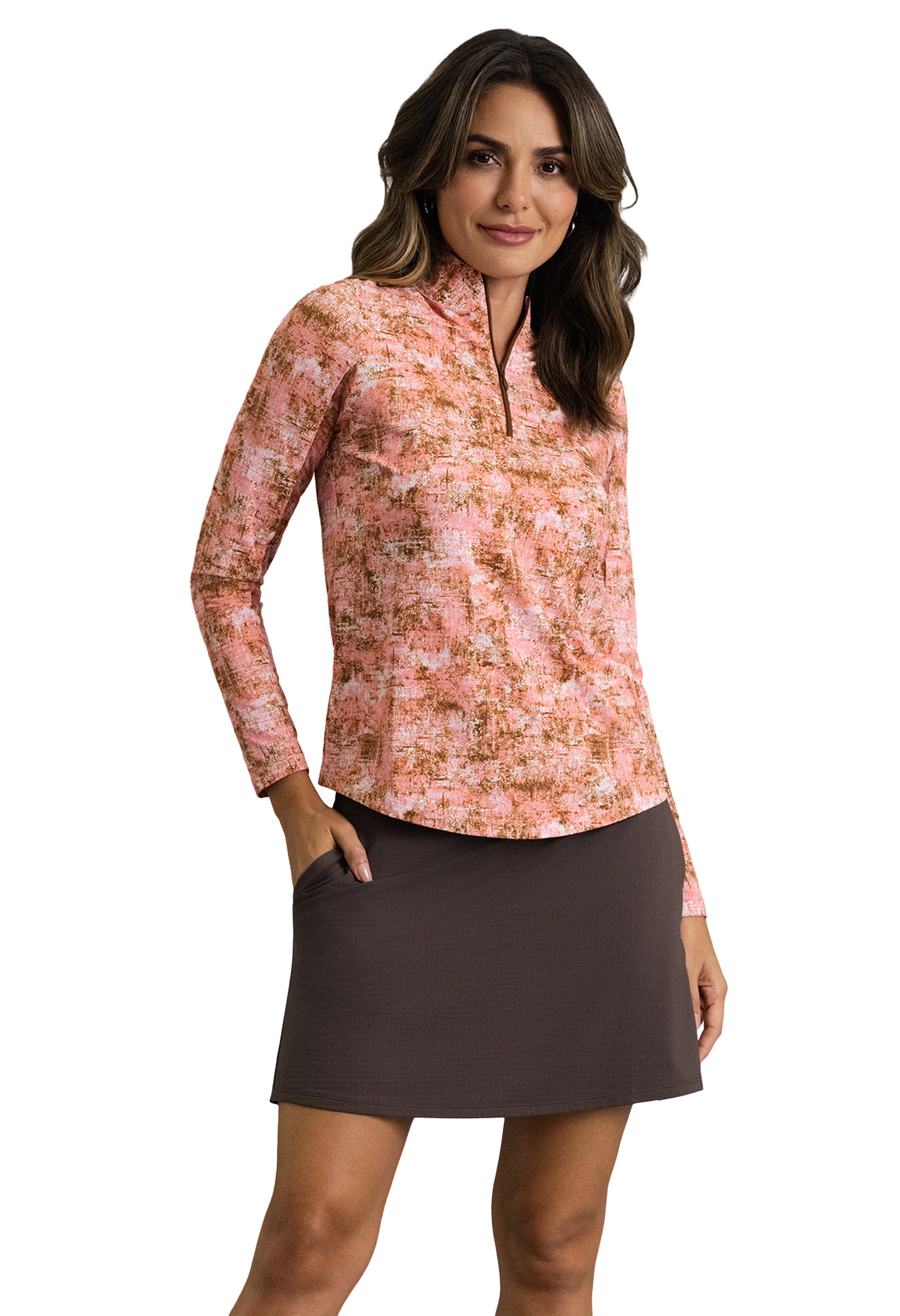 IBKÜL - Kate Long Sleeve Mock Neck Top - Color: Peach/Chocolate