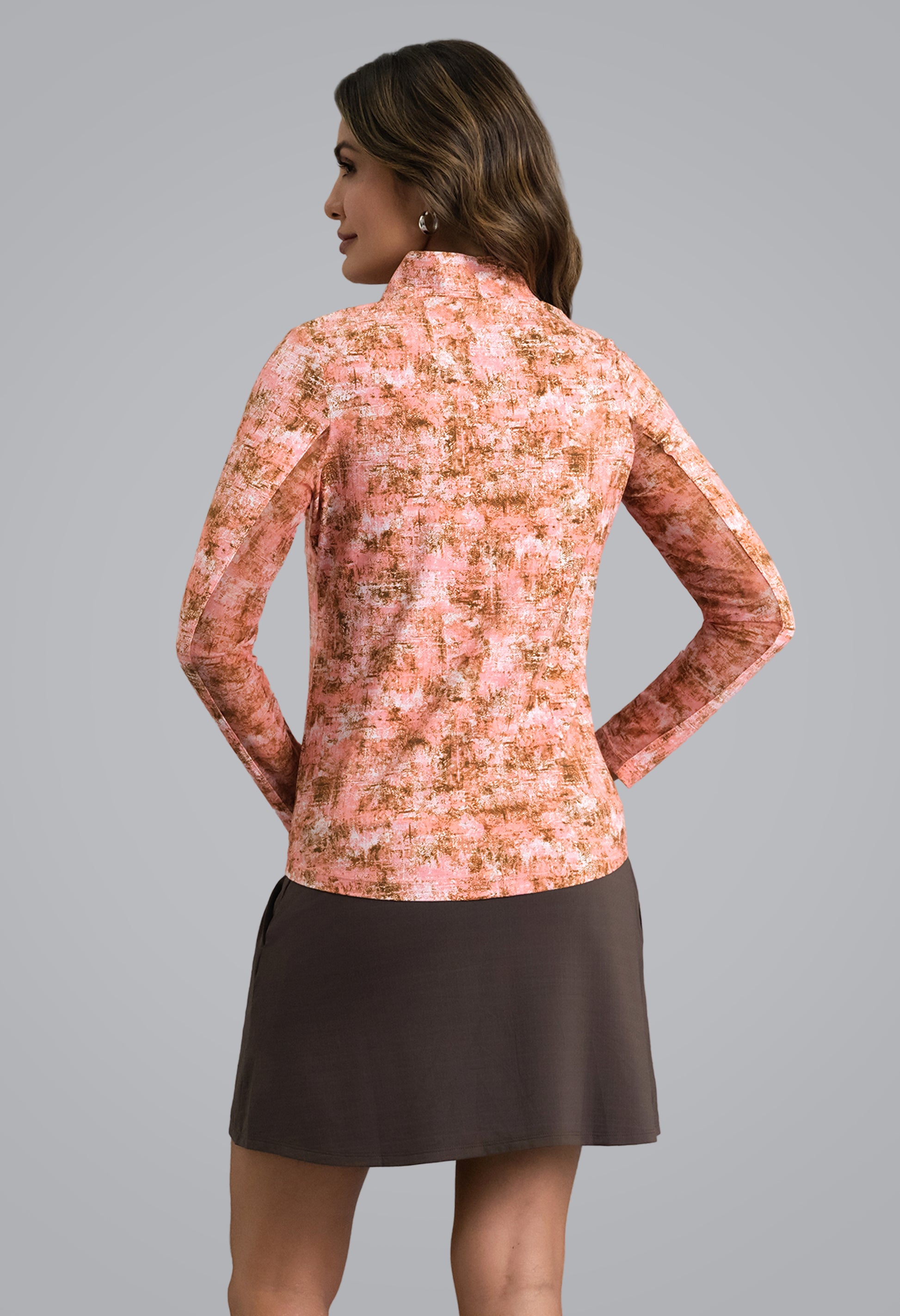 IBKÜL - Kate Long Sleeve Mock Neck Top - Color: Peach/Chocolate