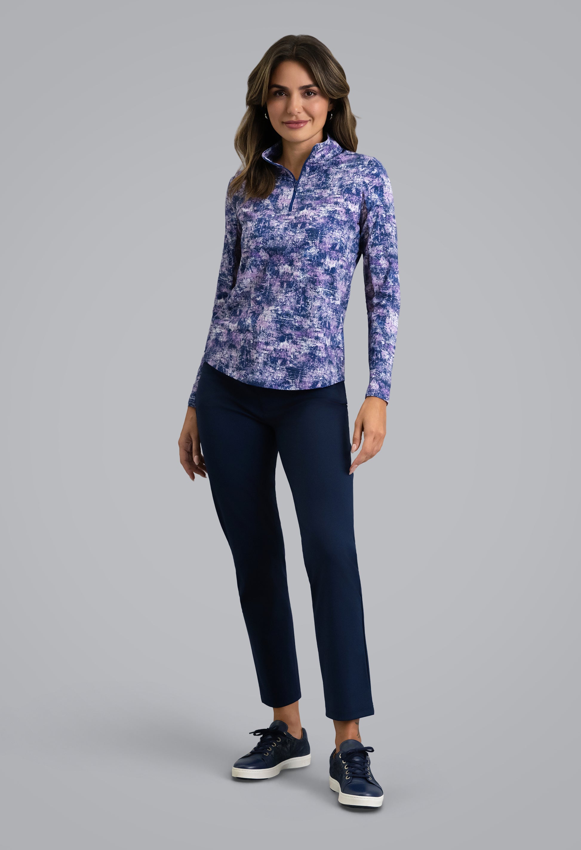 IBKÜL - Kate Long Sleeve Mock Neck Top - Color: Plum/Classic Navy
