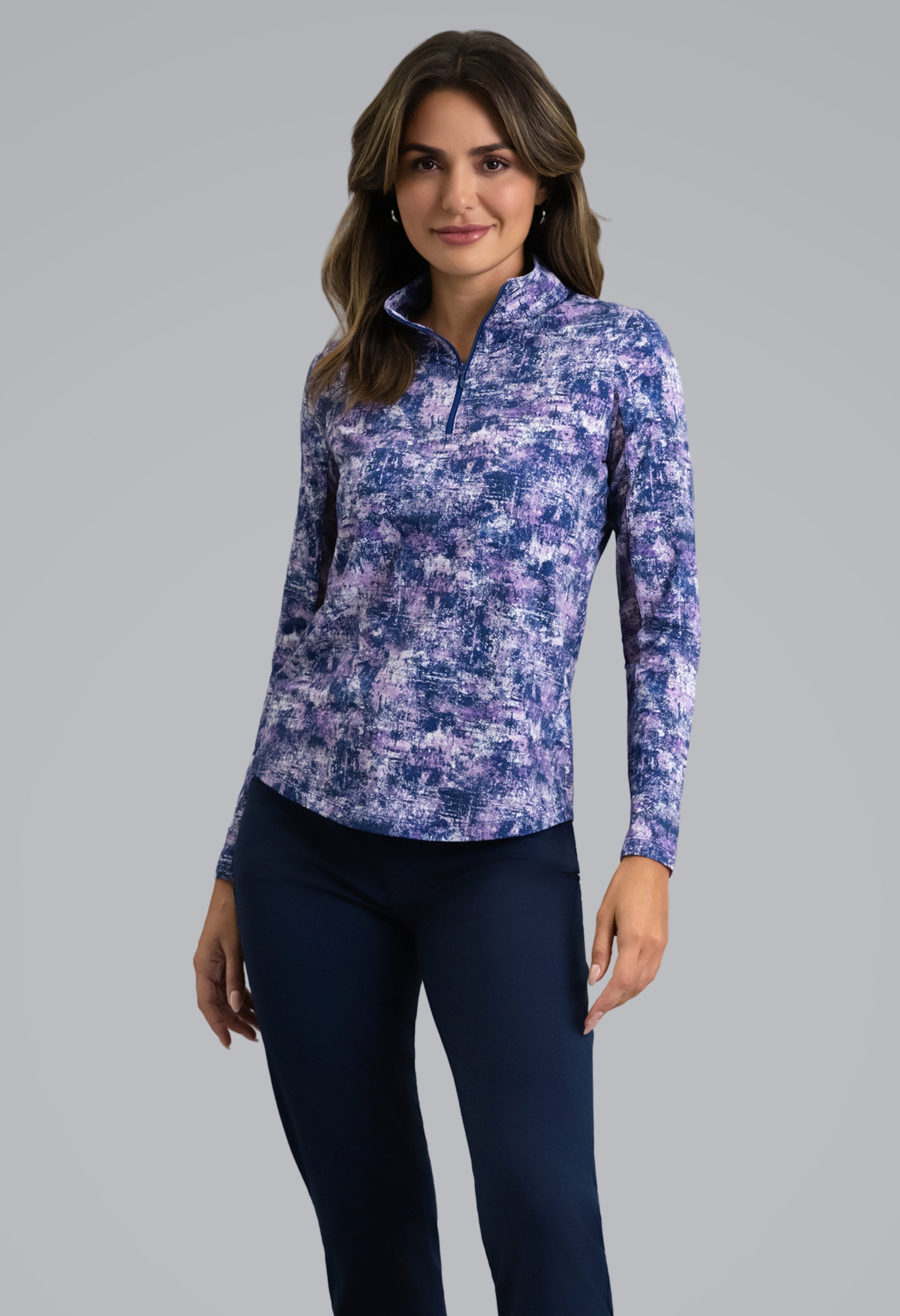 IBKÜL - Kate Long Sleeve Mock Neck Top - Color: Plum/Classic Navy