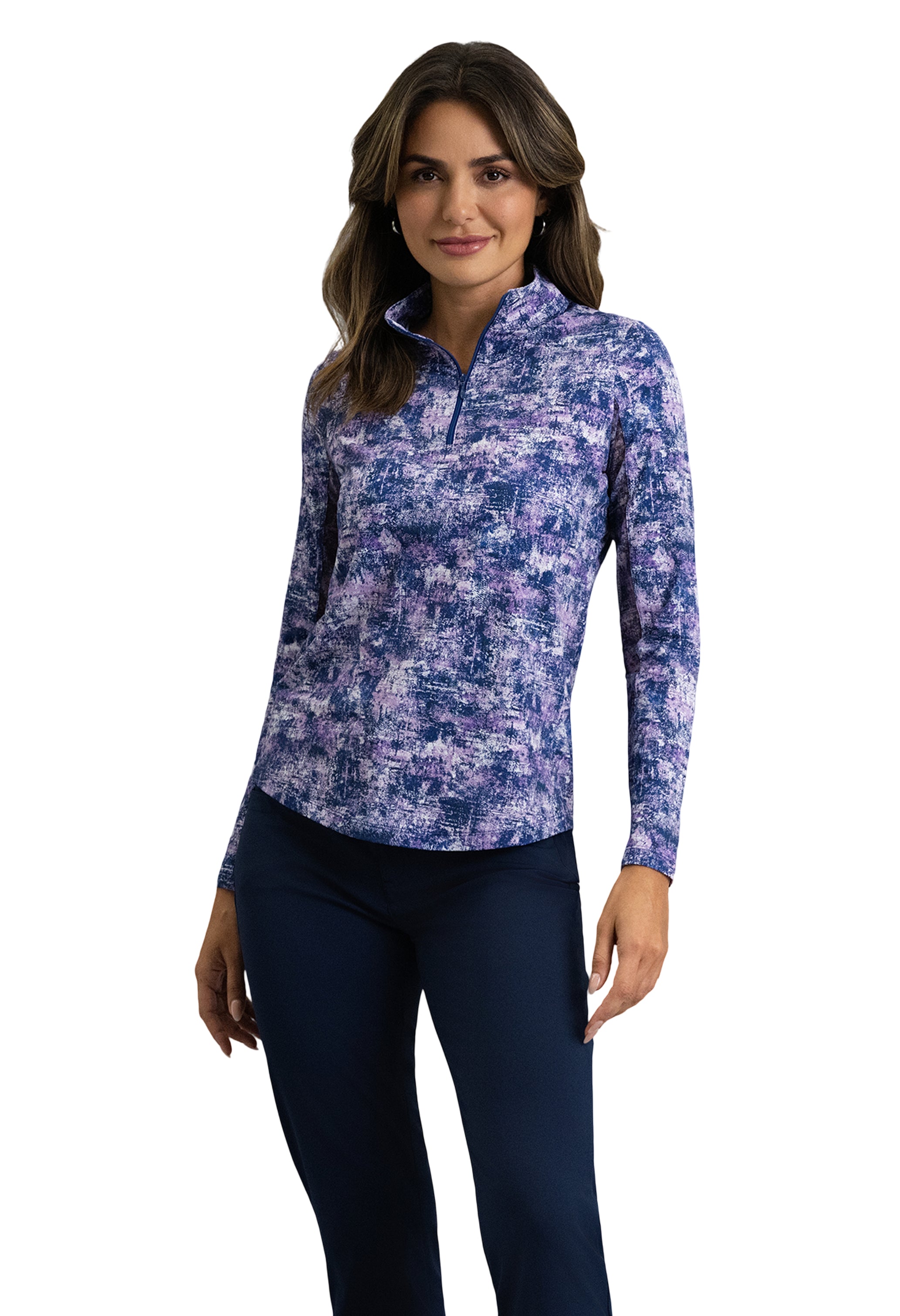 IBKÜL - Kate Long Sleeve Mock Neck Top - Color: Plum/Classic Navy