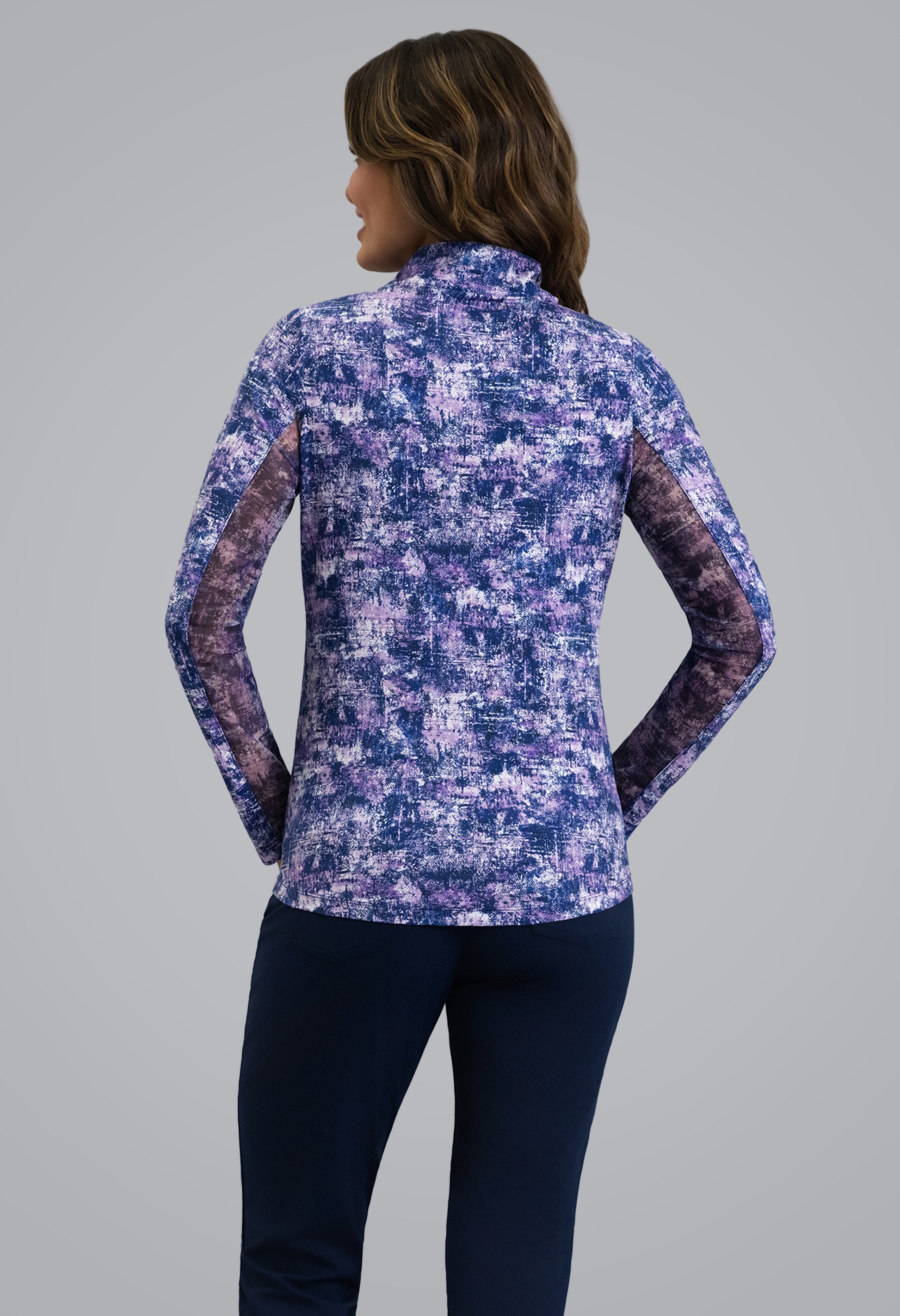 IBKÜL - Kate Long Sleeve Mock Neck Top - Color: Plum/Classic Navy