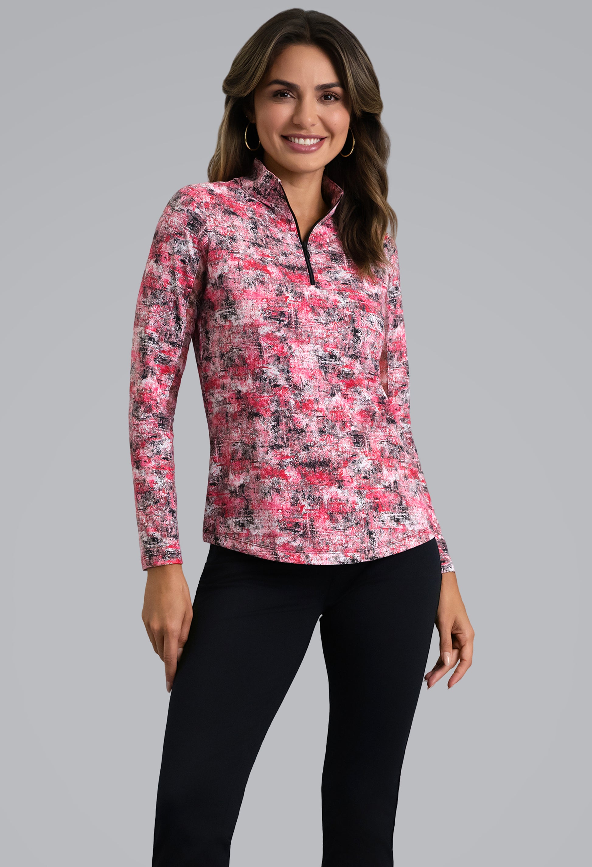 IBKÜL - Kate Long Sleeve Mock Neck Top - Color: Red/Black