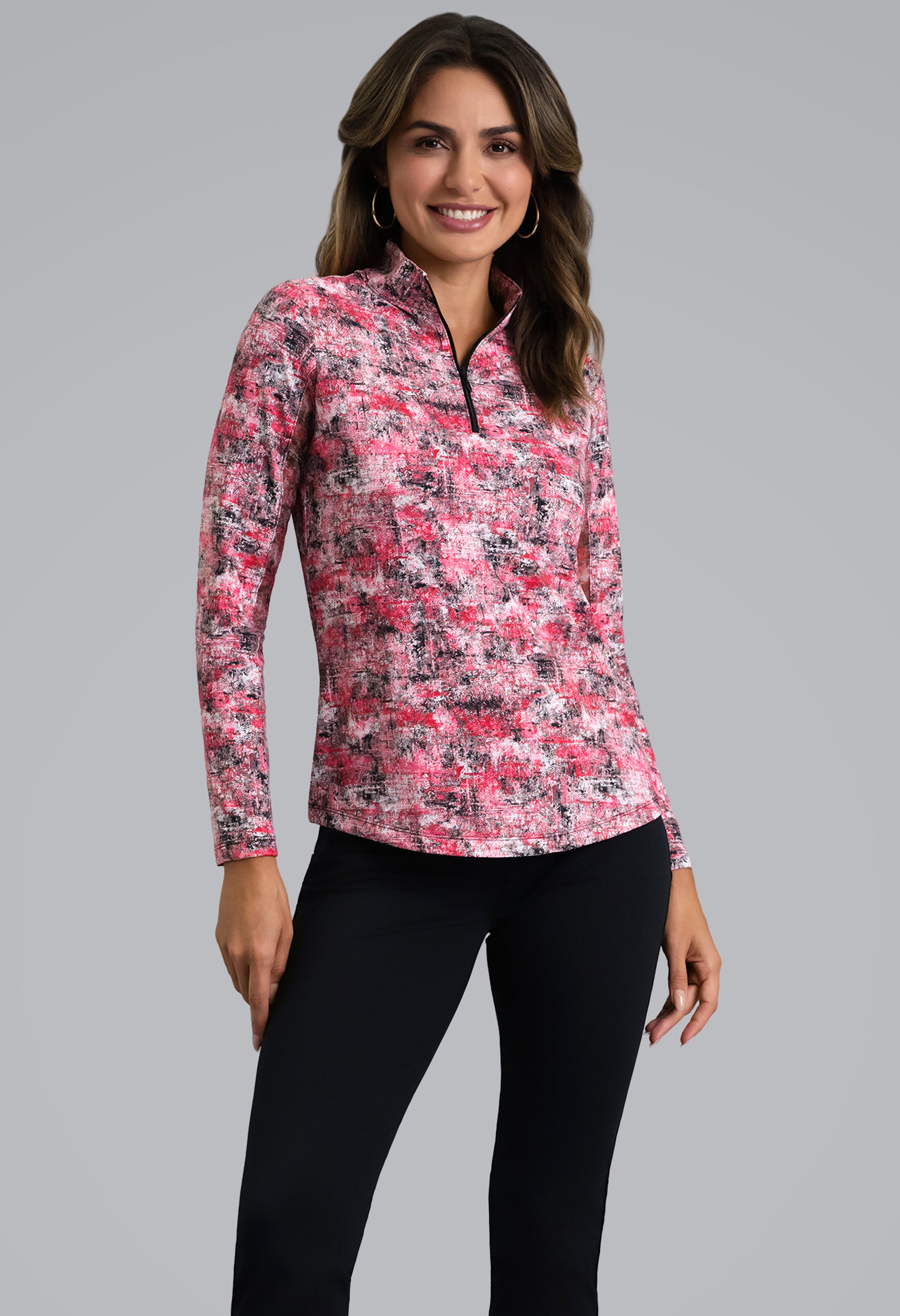 IBKÜL - Kate Long Sleeve Mock Neck Top - Color: Red/Black