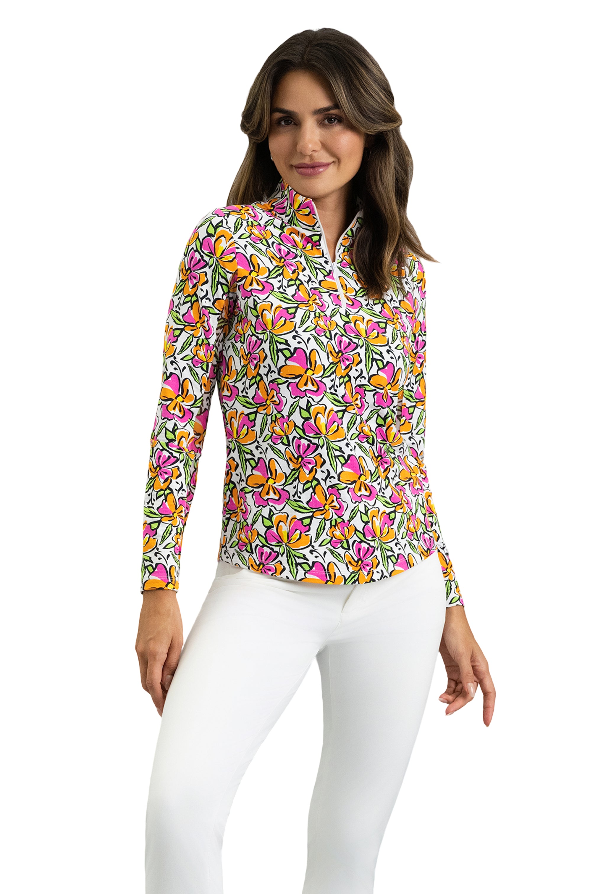 IBKÜL - Sonia Long Sleeve Mock Neck Top - Color: Hot Pink/Orange Peel