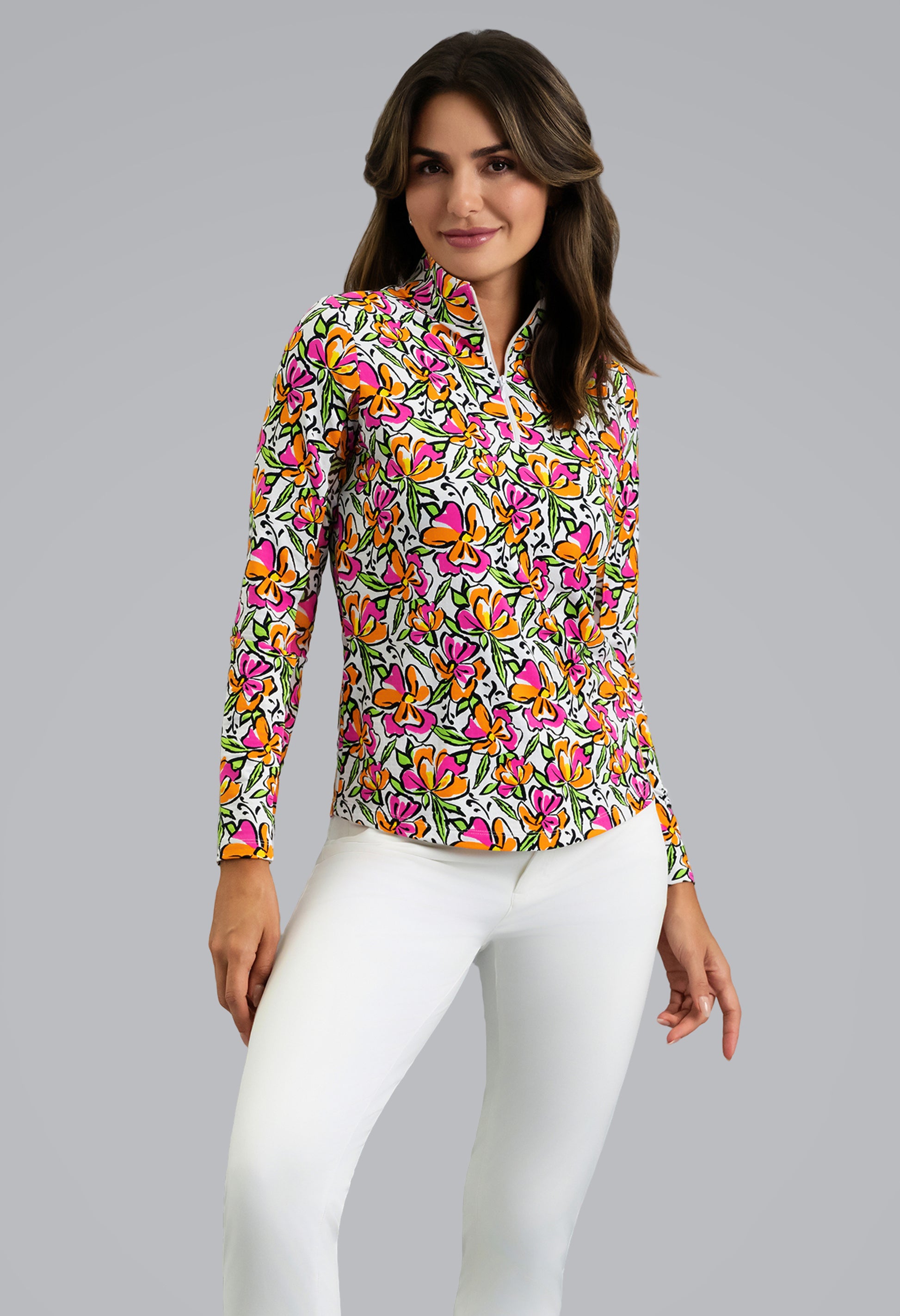IBKÜL - Sonia Long Sleeve Mock Neck Top - Color: Hot Pink/Orange Peel