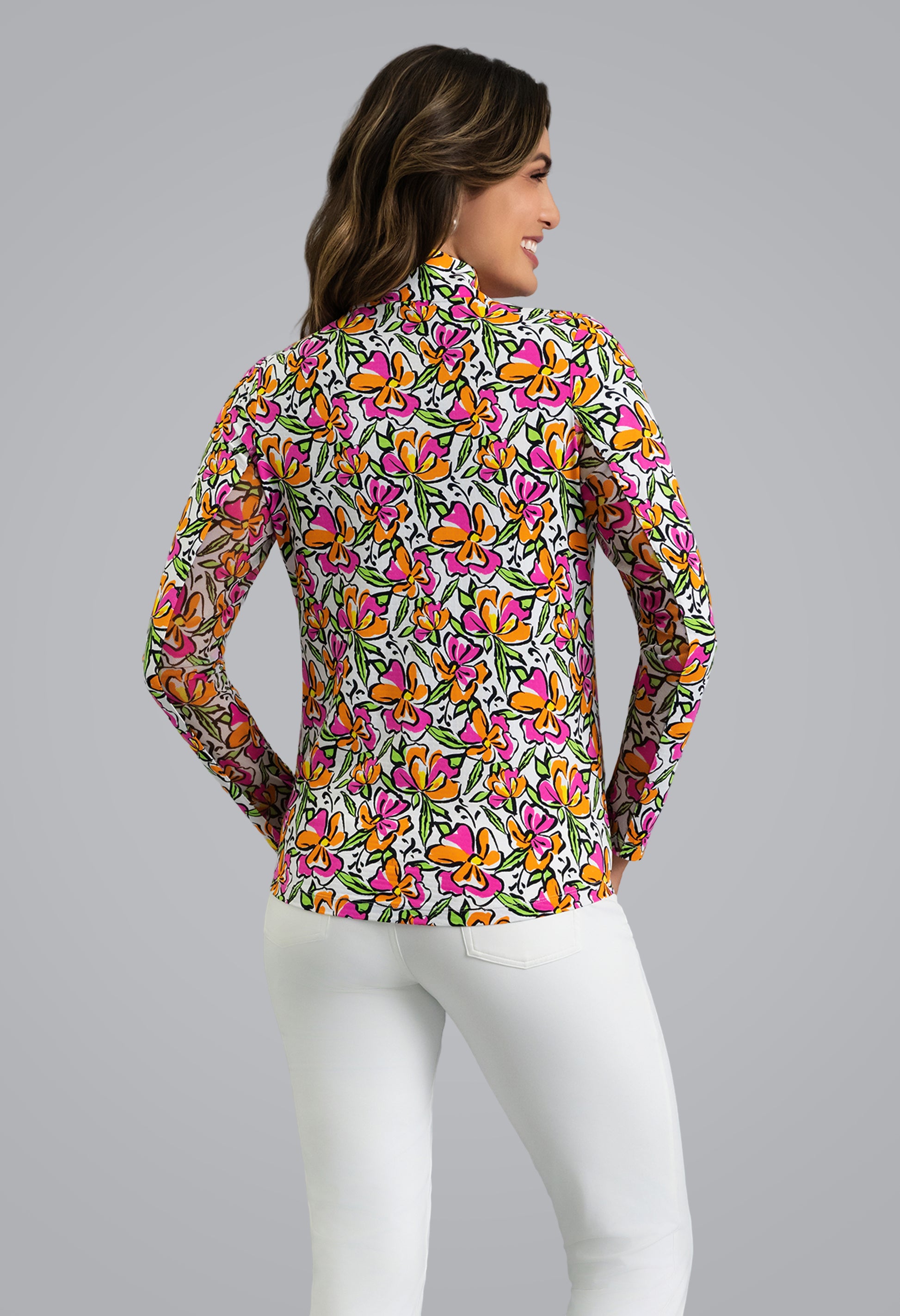 IBKÜL - Sonia Long Sleeve Mock Neck Top - Color: Hot Pink/Orange Peel
