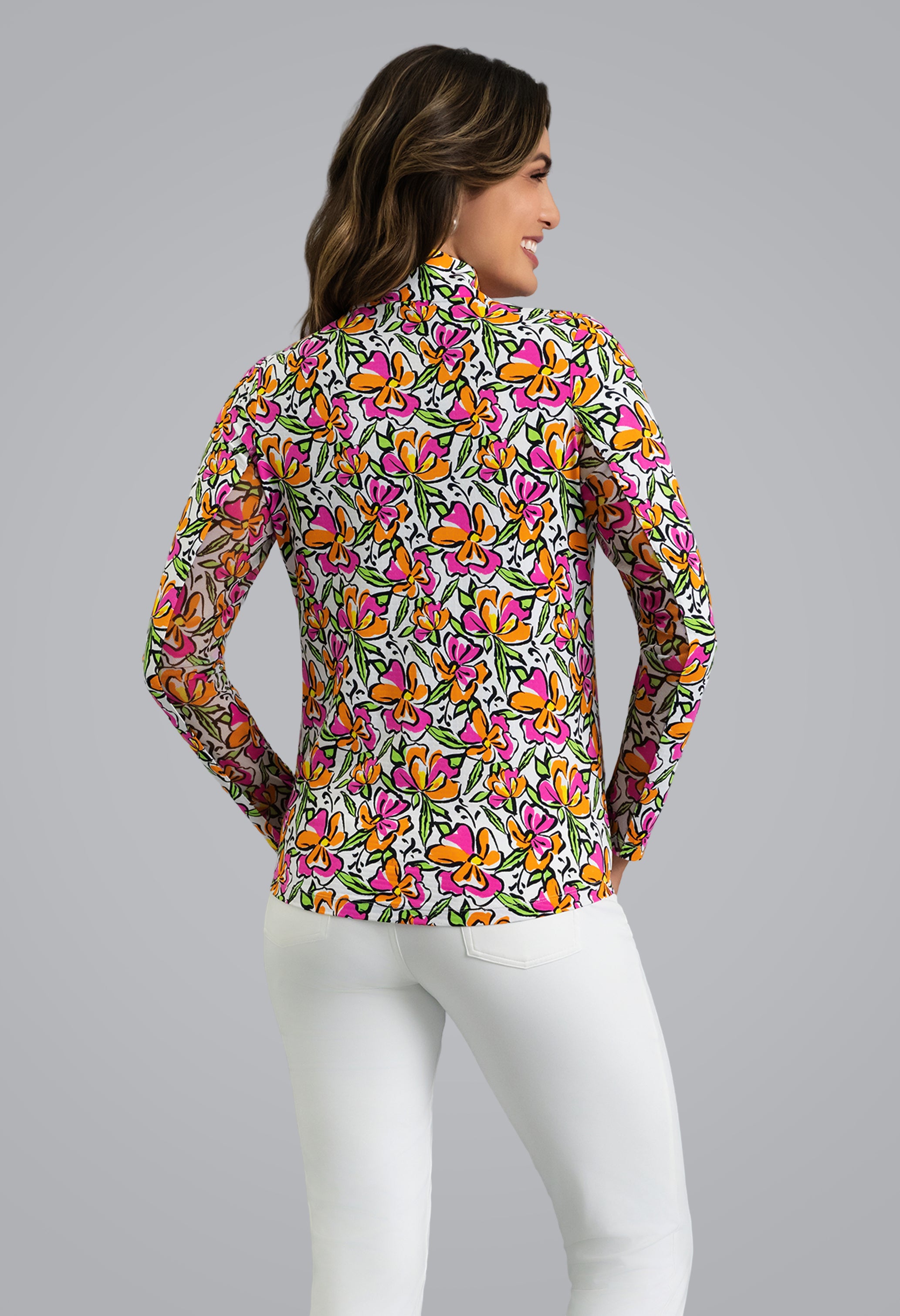 IBKÜL - Sonia Long Sleeve Mock Neck Top - Color: Hot Pink/Orange Peel