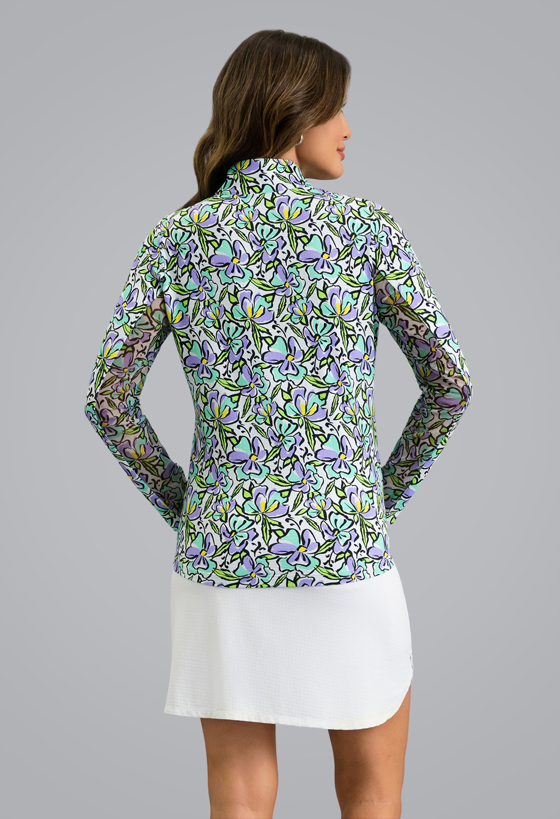 IBKÜL - Sonia Long Sleeve Mock Neck Top - Color: Jade/Lavender