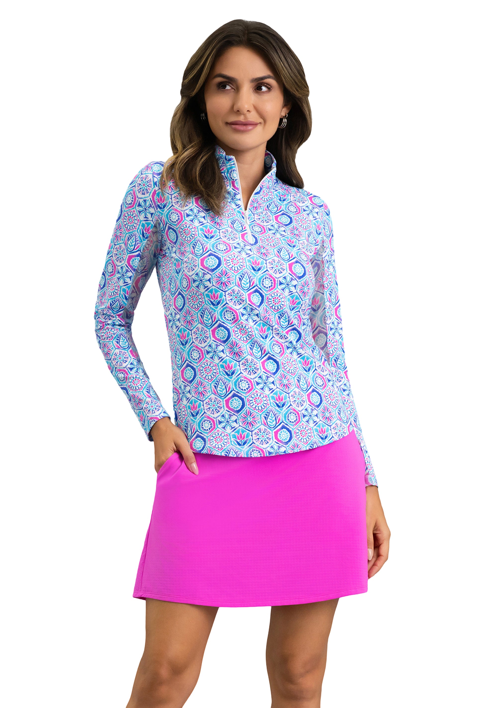IBKÜL - Alexis Long Sleeve Mock Neck Top - Color: Turquoise Multi