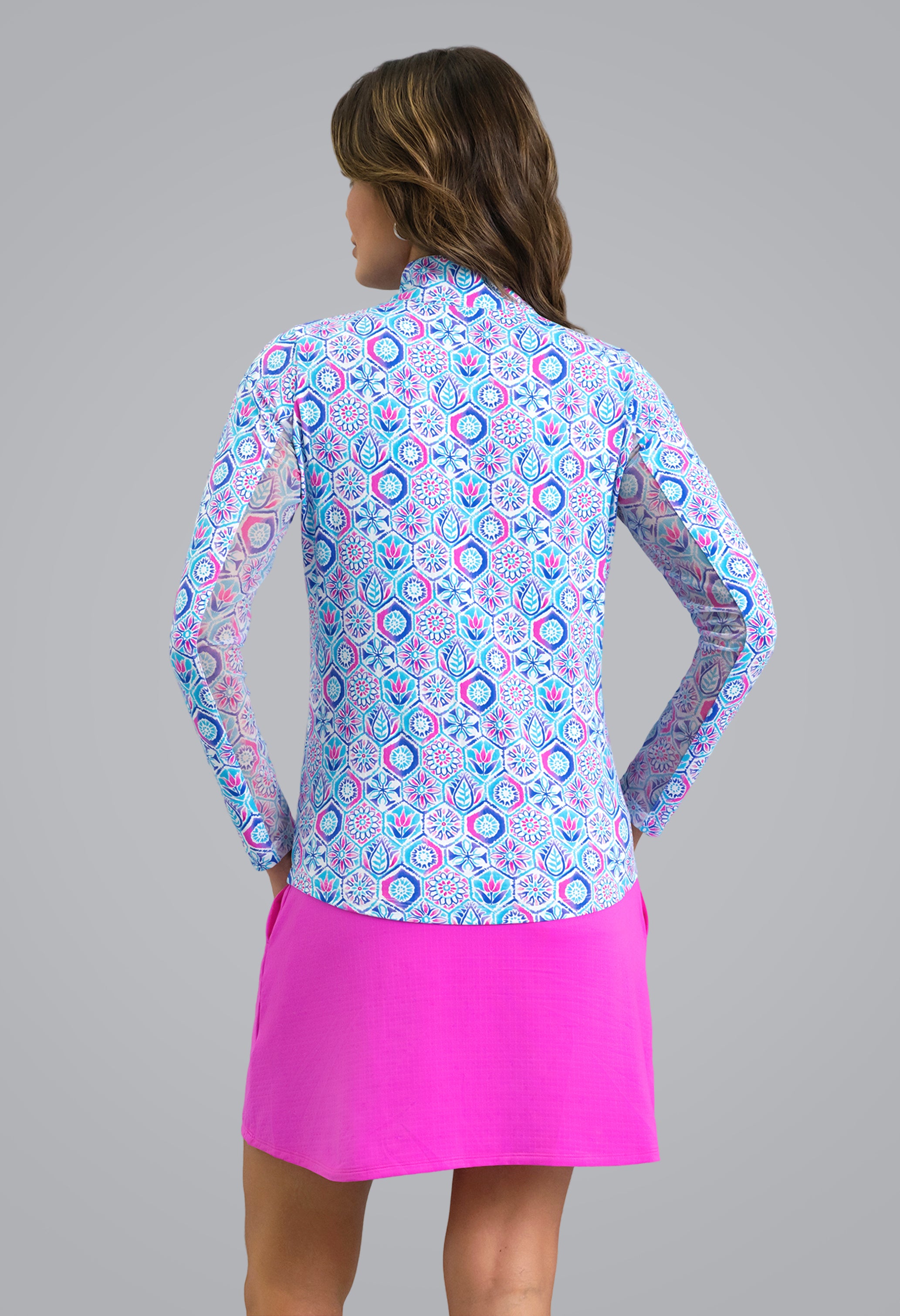 IBKÜL - Alexis Long Sleeve Mock Neck Top - Color: Turquoise Multi