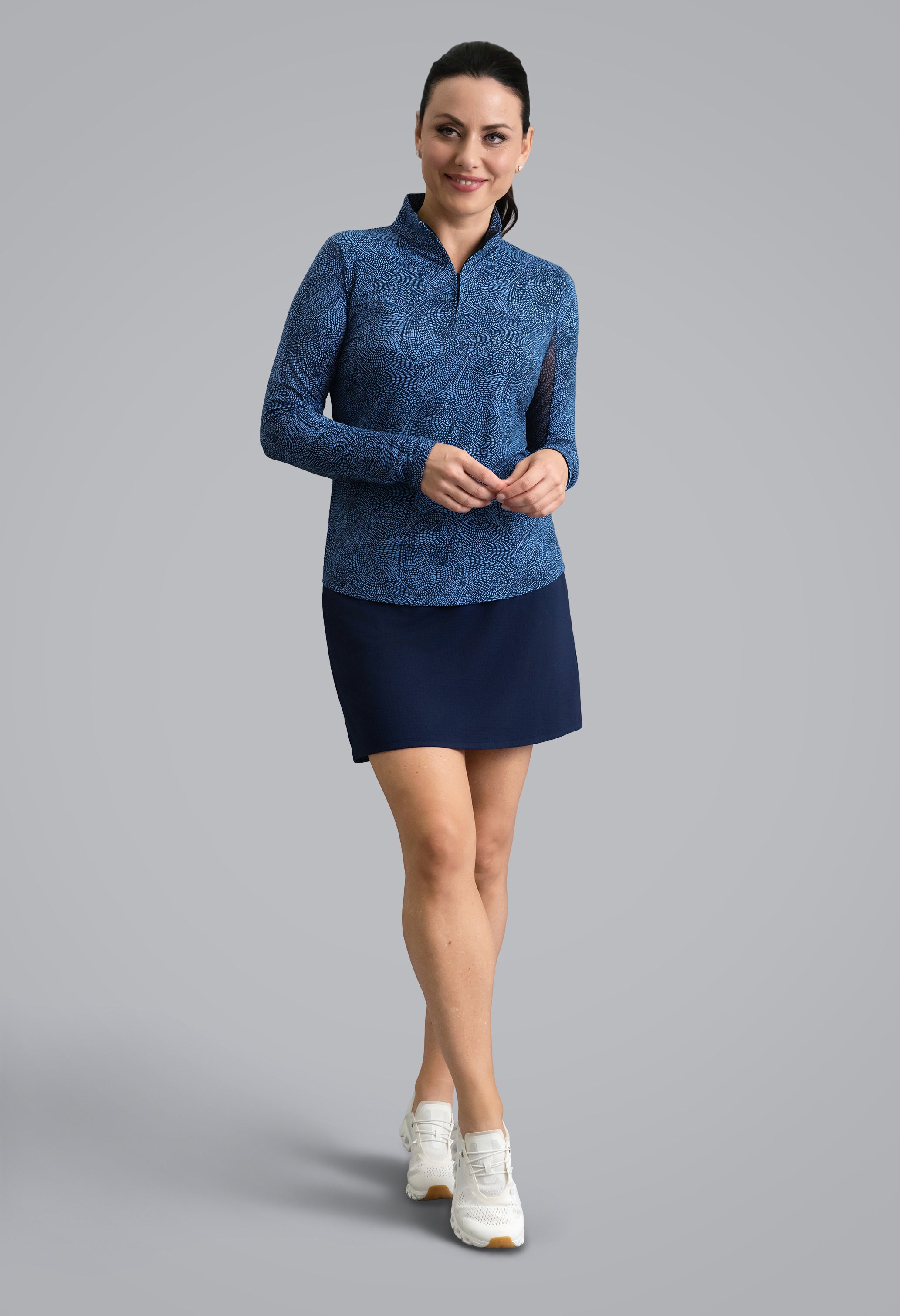 IBKÜL - Stephanie Long Sleeve Mock Neck Top - Color: Classic Navy/Peri