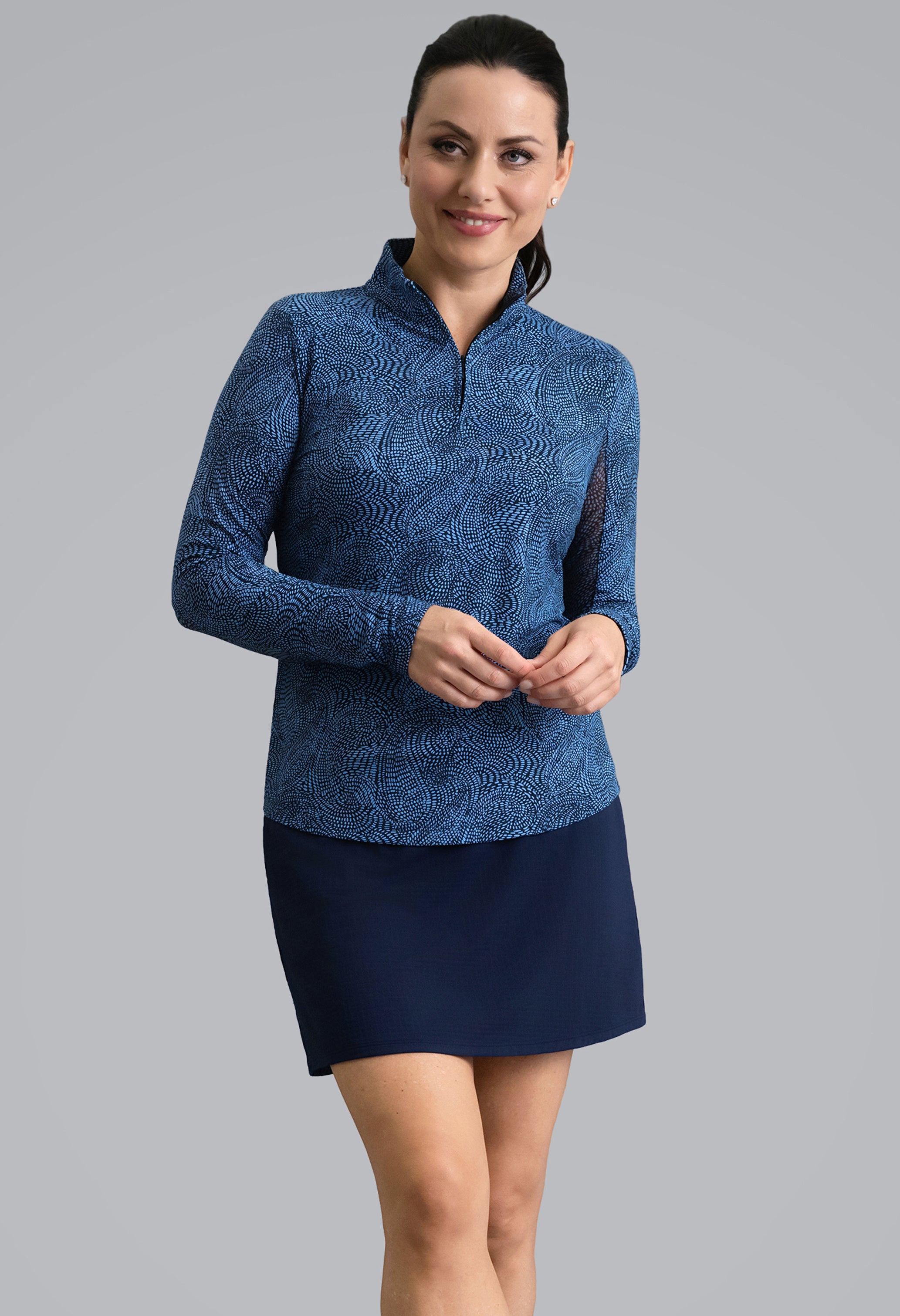 IBKÜL - Stephanie Long Sleeve Mock Neck Top - Color: Classic Navy/Peri