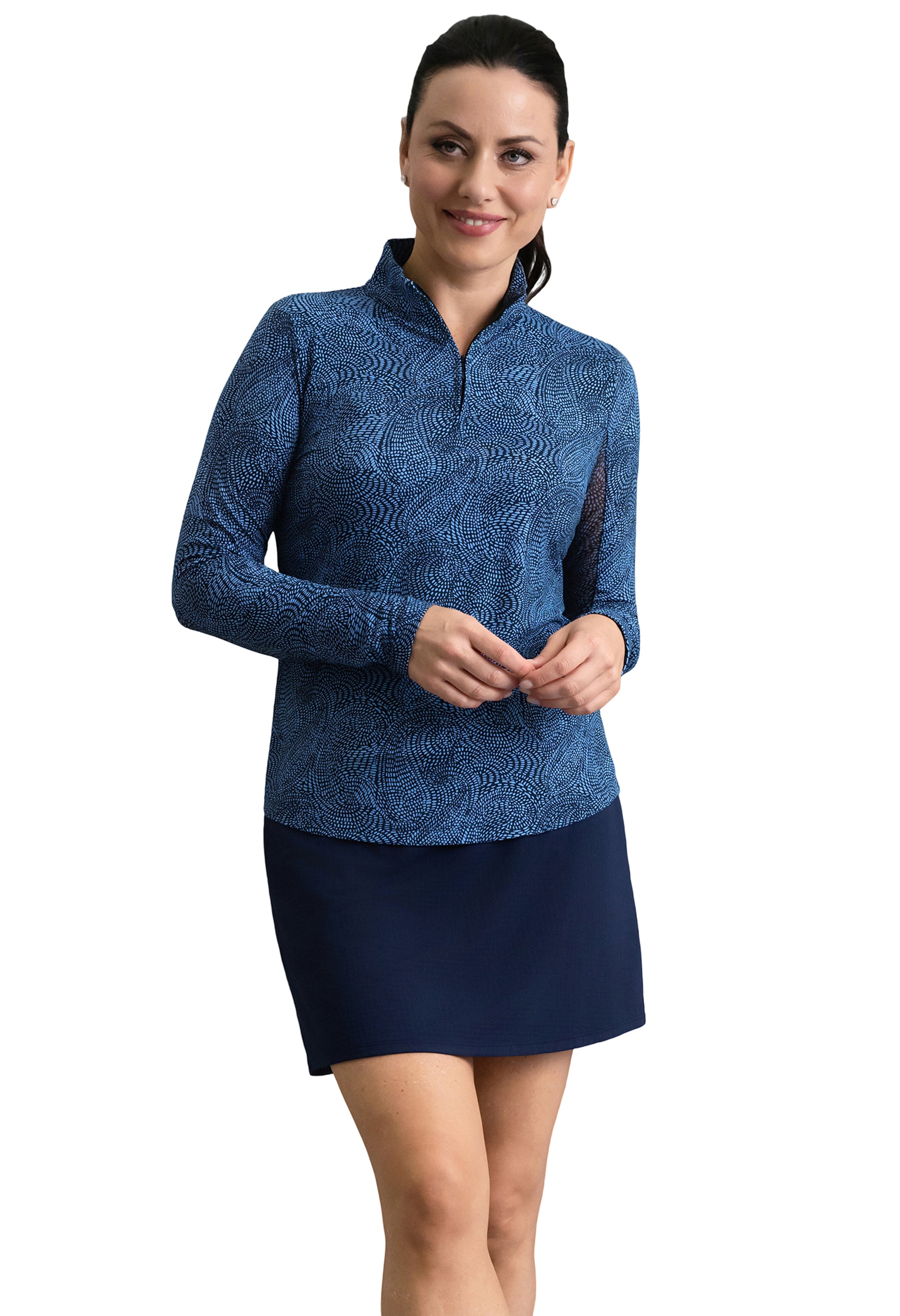 IBKÜL - Stephanie Long Sleeve Mock Neck Top - Color: Classic Navy/Peri