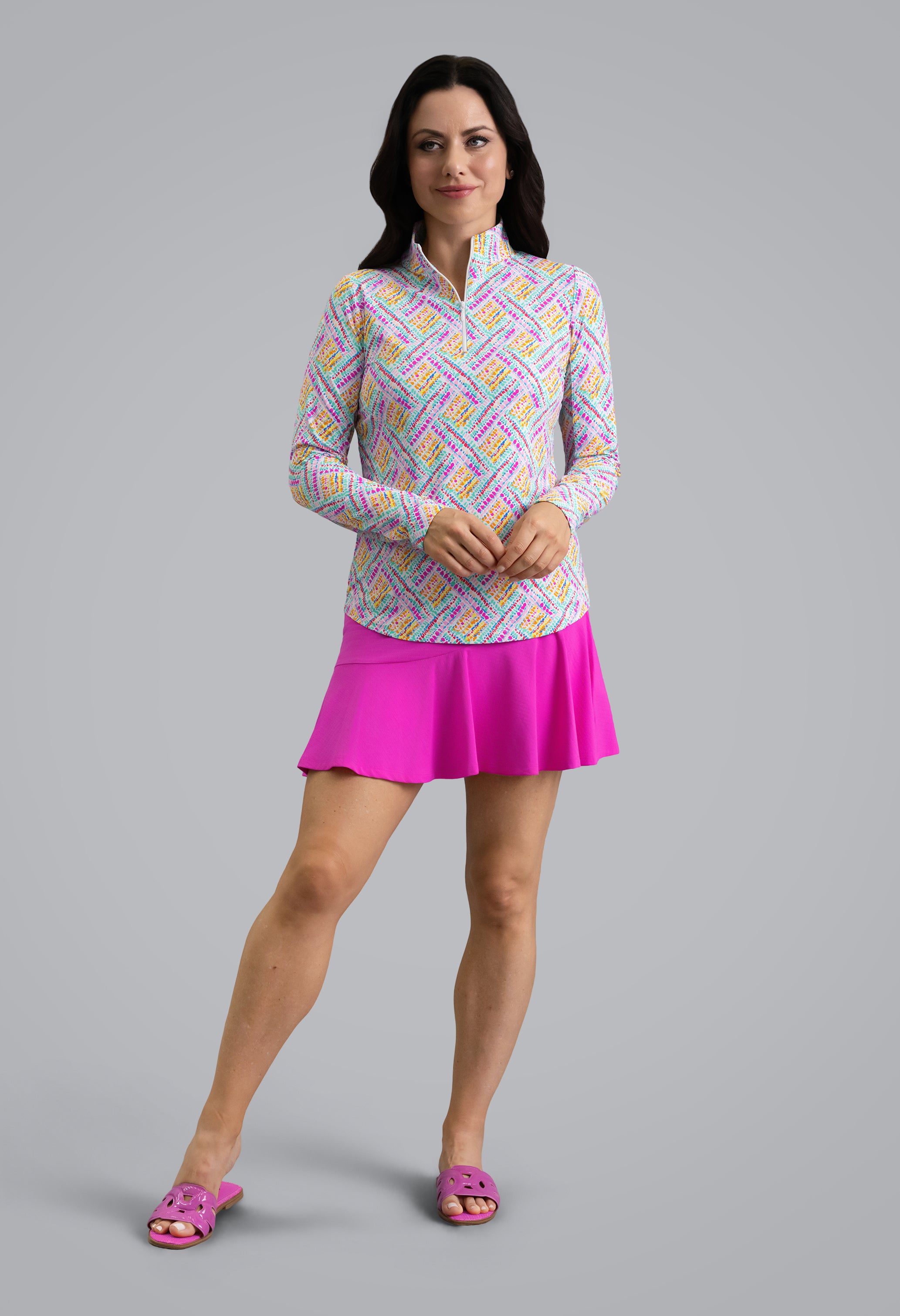 IBKÜL - Nina Long Sleeve Mock Neck Top - Color: Hot Pink Multi