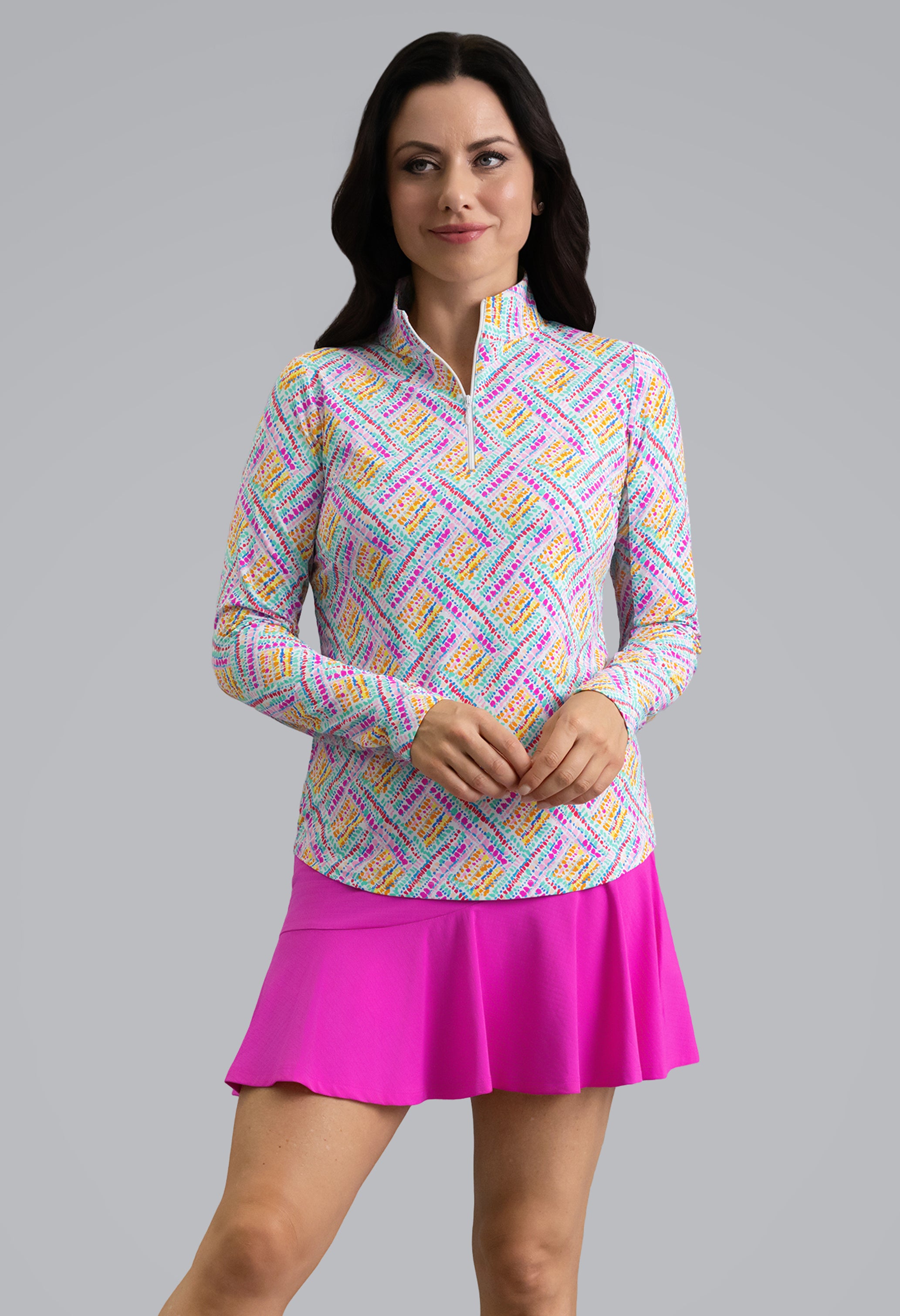 IBKÜL - Nina Long Sleeve Mock Neck Top - Color: Hot Pink Multi