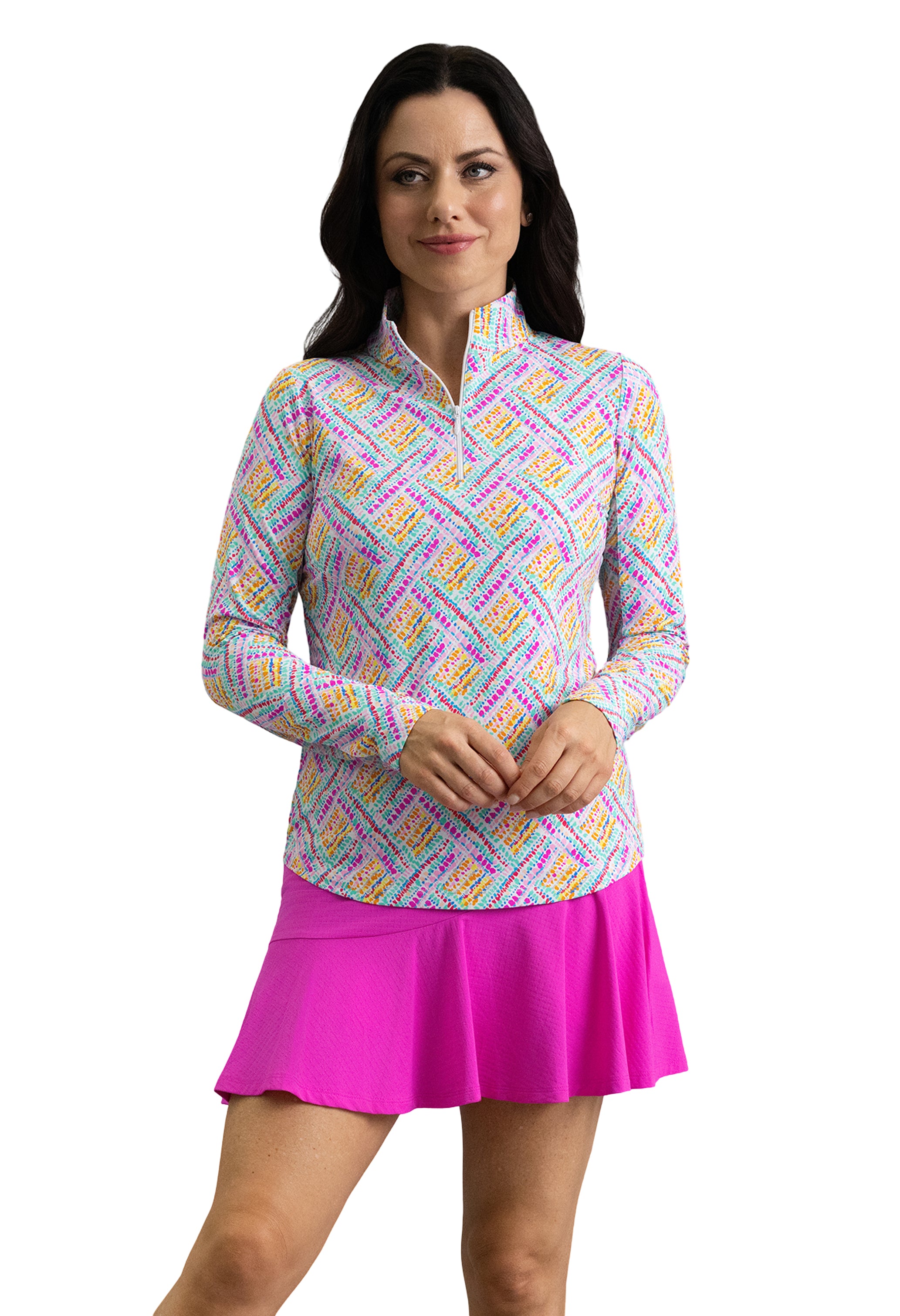 IBKÜL - Nina Long Sleeve Mock Neck Top - Color: Hot Pink Multi