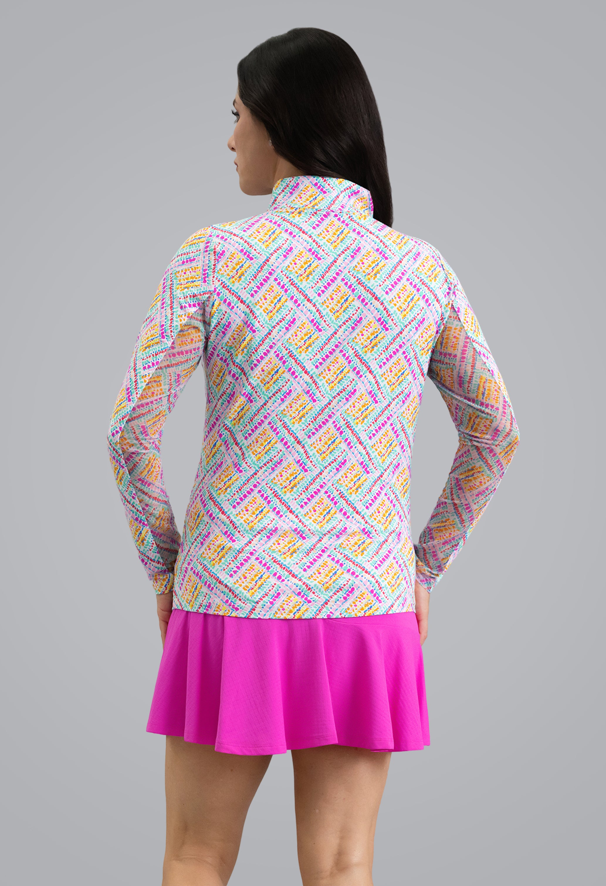 IBKÜL - Nina Long Sleeve Mock Neck Top - Color: Hot Pink Multi