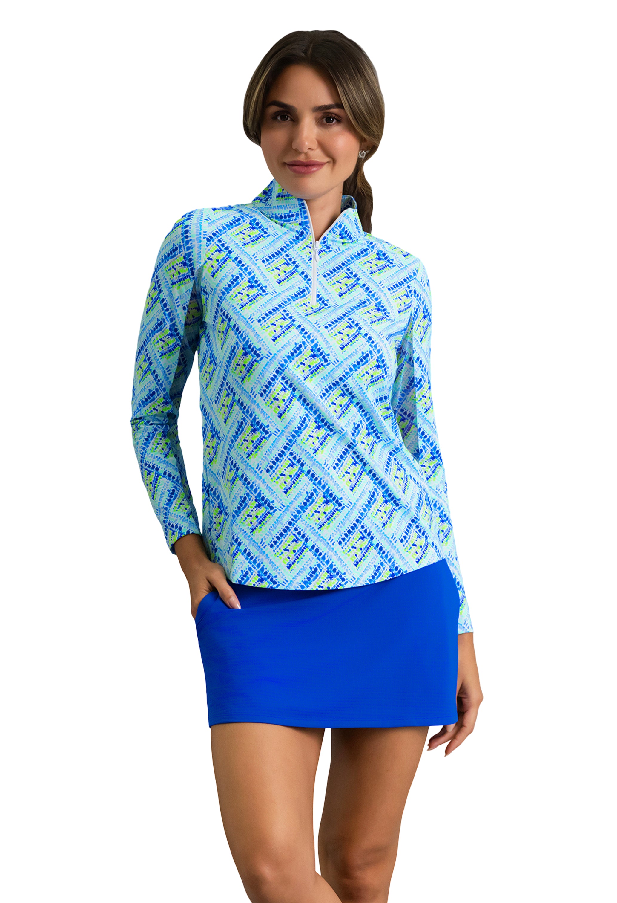 IBKÜL - Nina Long Sleeve Mock Neck Top - Color: Blue Multi