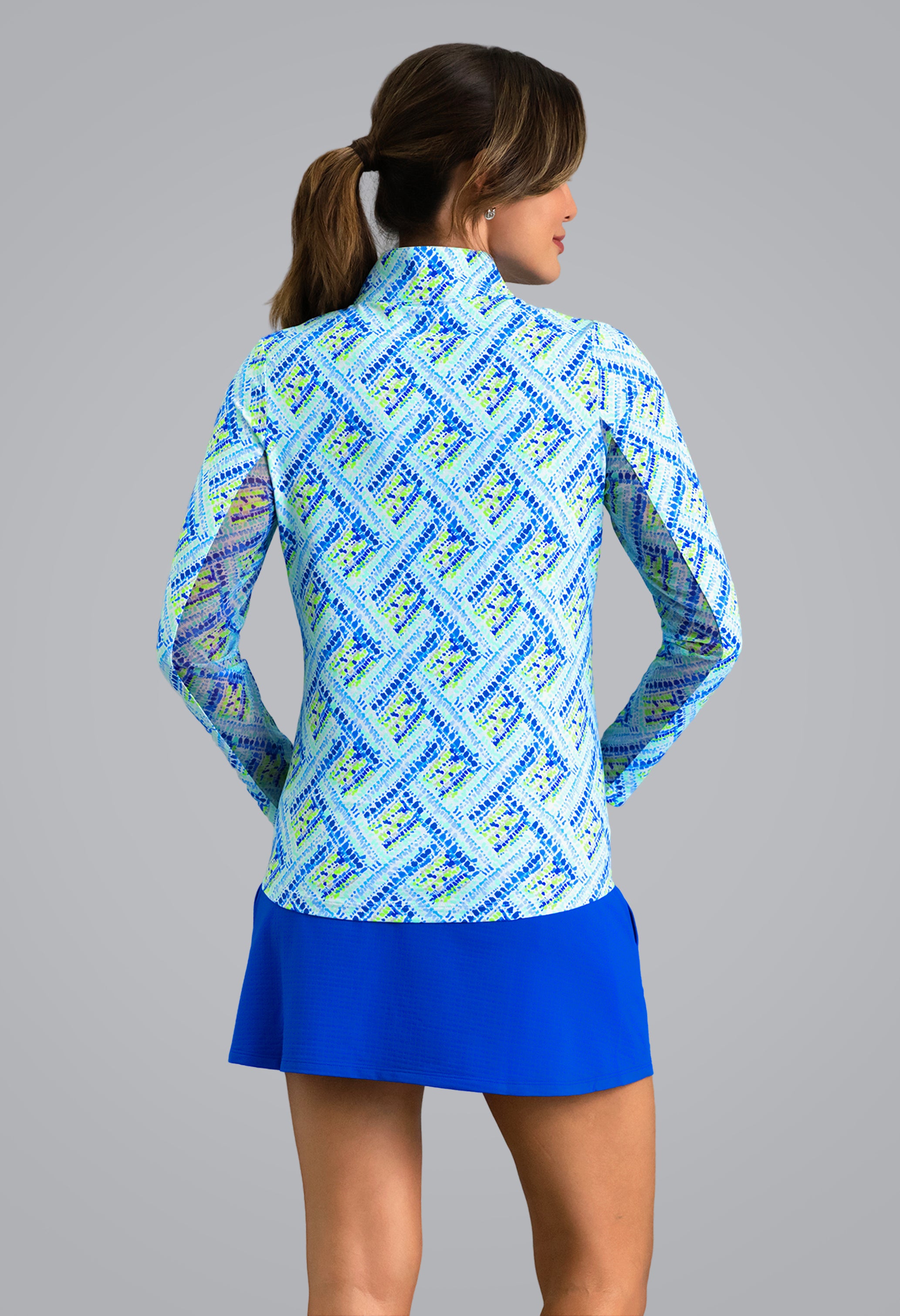 IBKÜL - Nina Long Sleeve Mock Neck Top - Color: Blue Multi