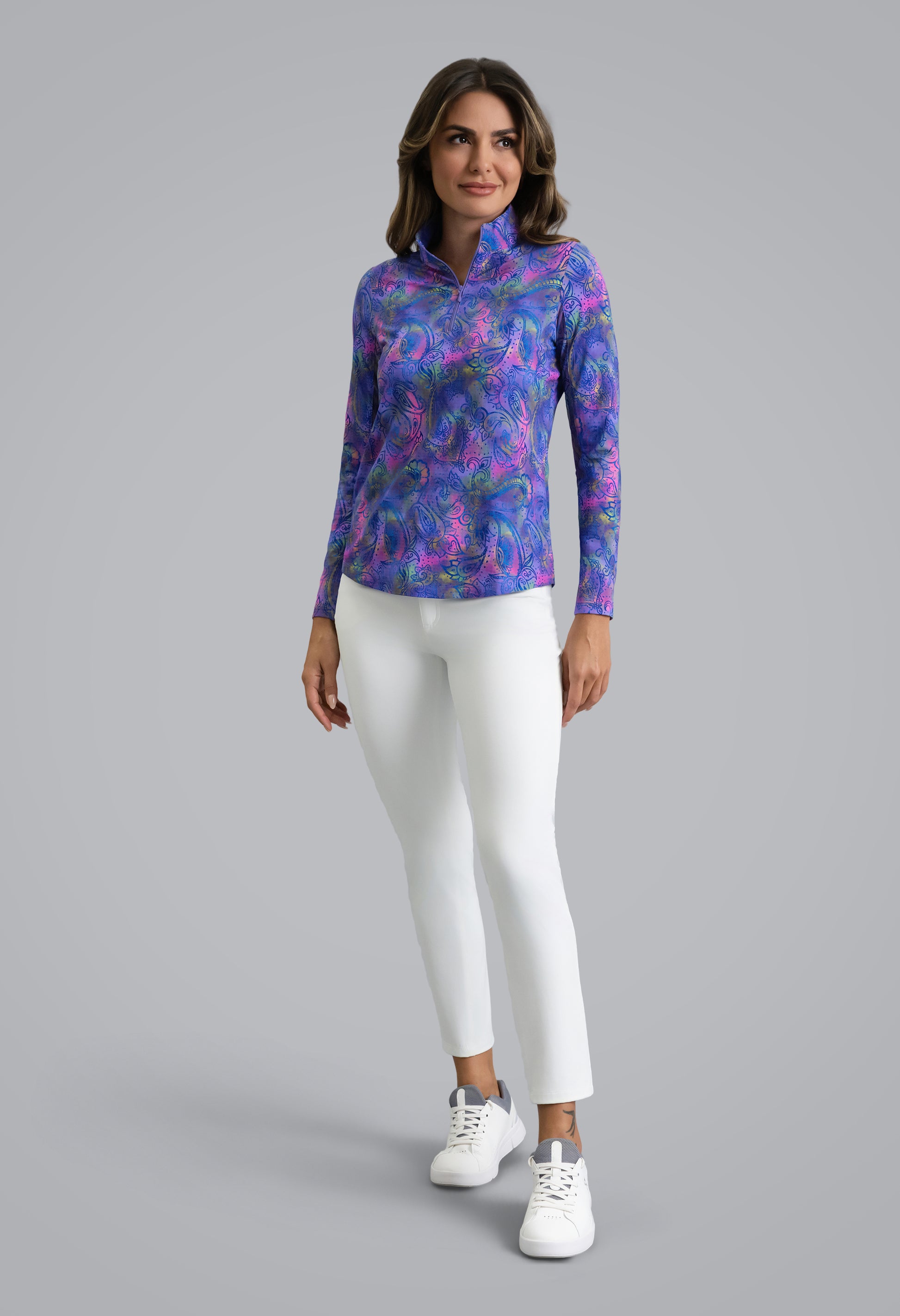 IBKÜL - Shannon Long Sleeve Mock Neck Top - Color: Plum Multi