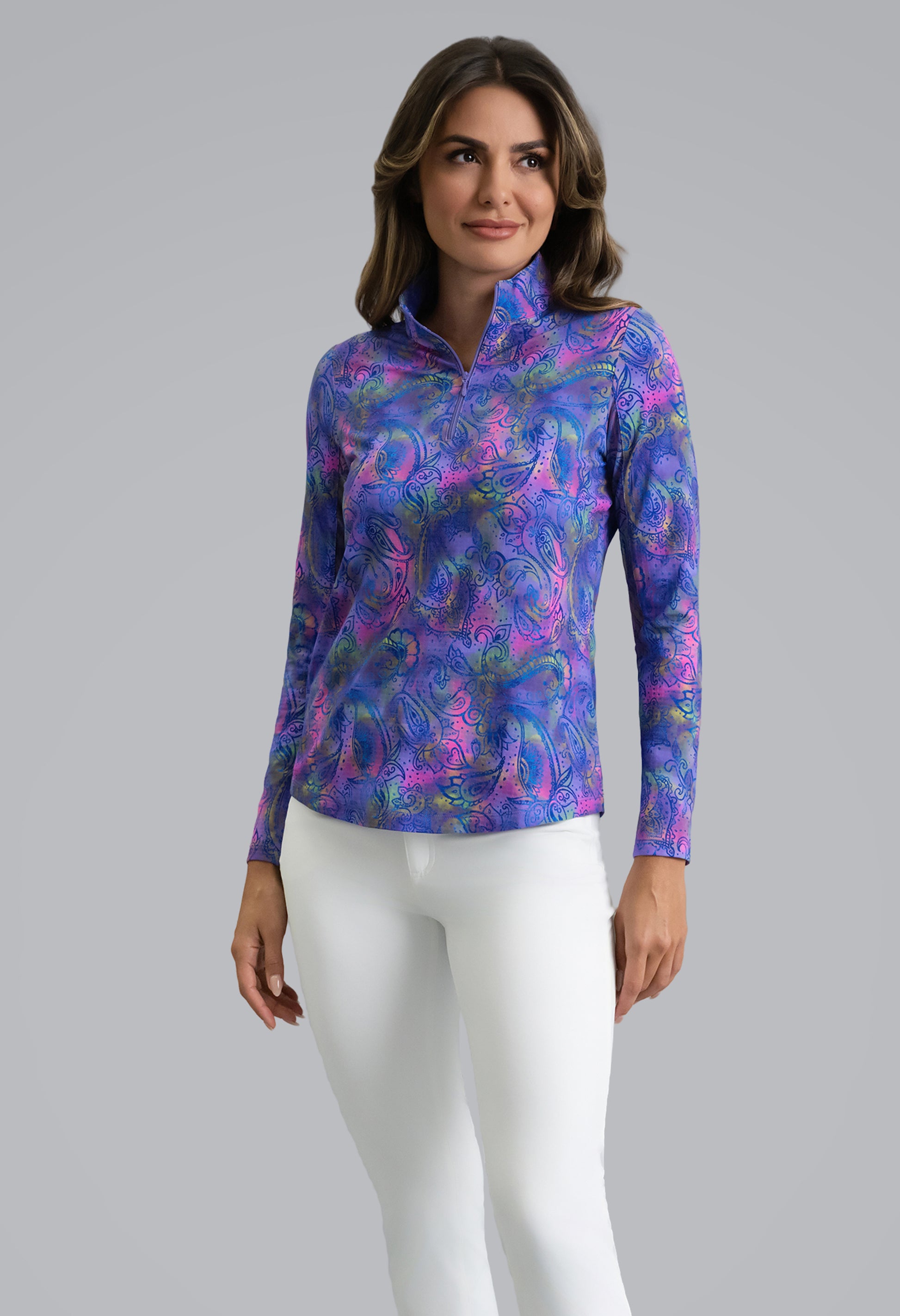 IBKÜL - Shannon Long Sleeve Mock Neck Top - Color: Plum Multi