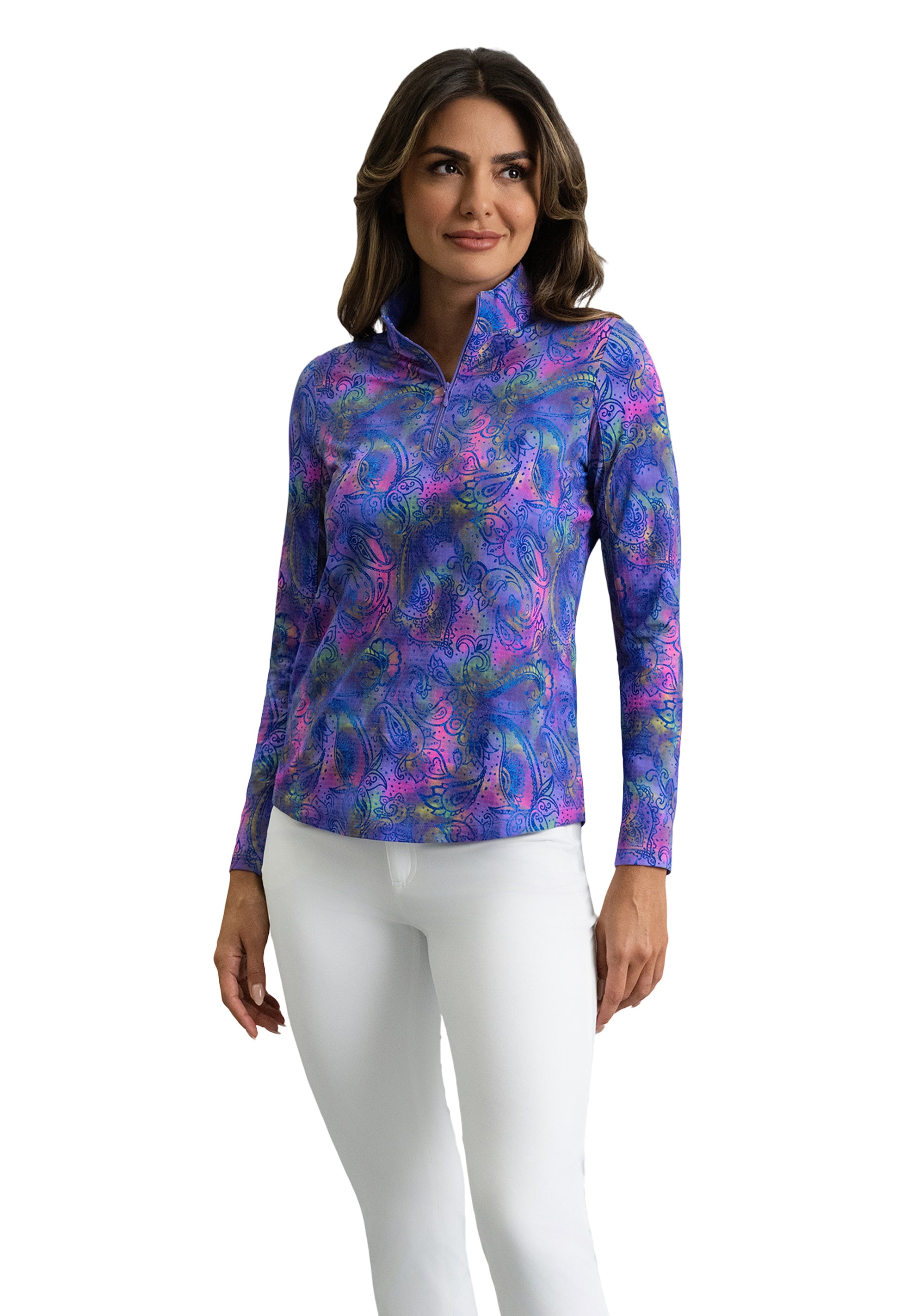 IBKÜL - Shannon Long Sleeve Mock Neck Top - Color: Plum Multi