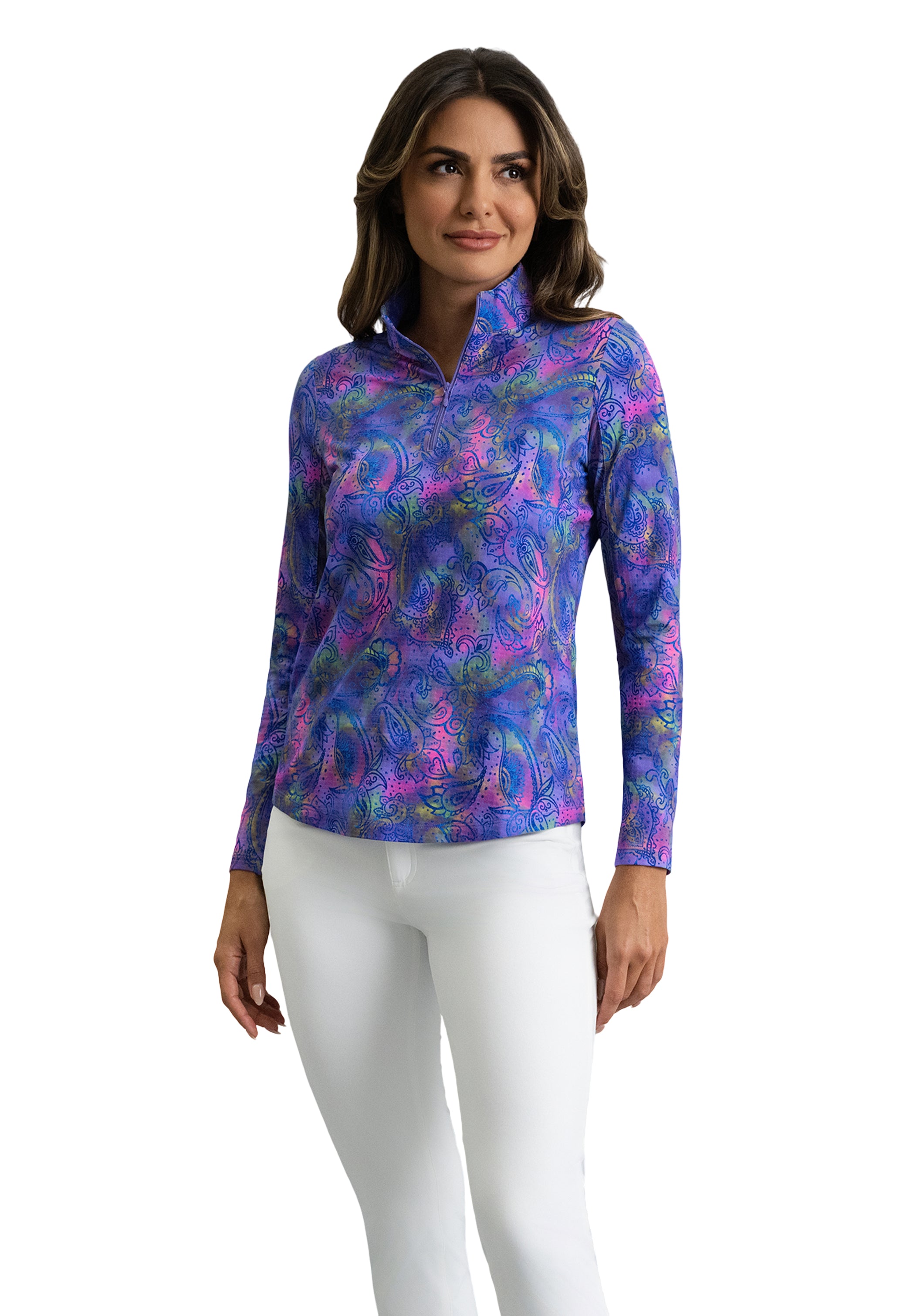 IBKÜL - Shannon Long Sleeve Mock Neck Top - Color: Plum Multi