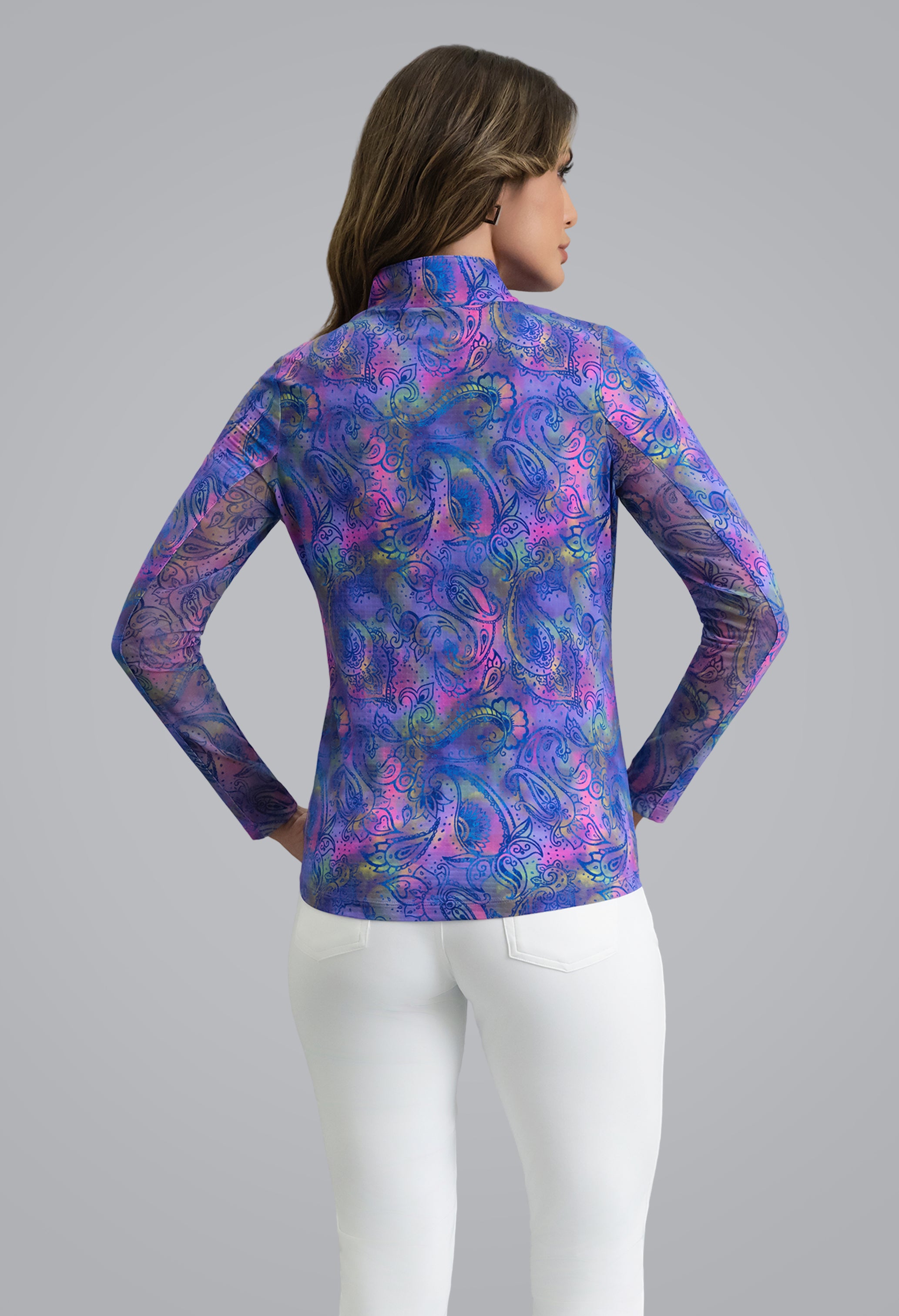 IBKÜL - Shannon Long Sleeve Mock Neck Top - Color: Plum Multi