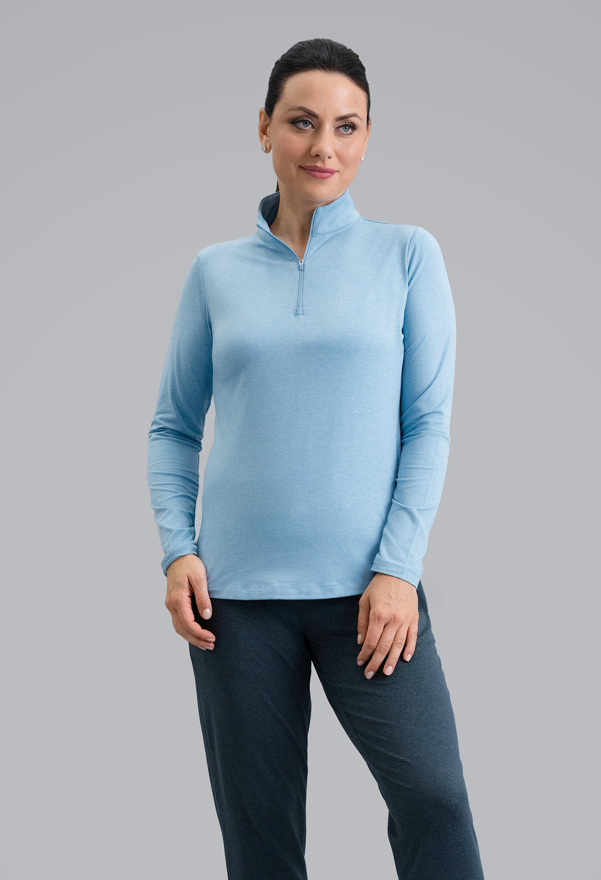 IBKÜL - IBKomfortable Long Sleeve Mock Neck Top - Color: Chambray Heather