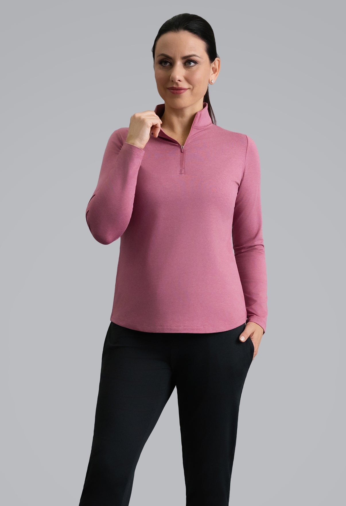 IBKÜL - IBKomfortable Long Sleeve Mock Neck Top - Color: Rose Heather