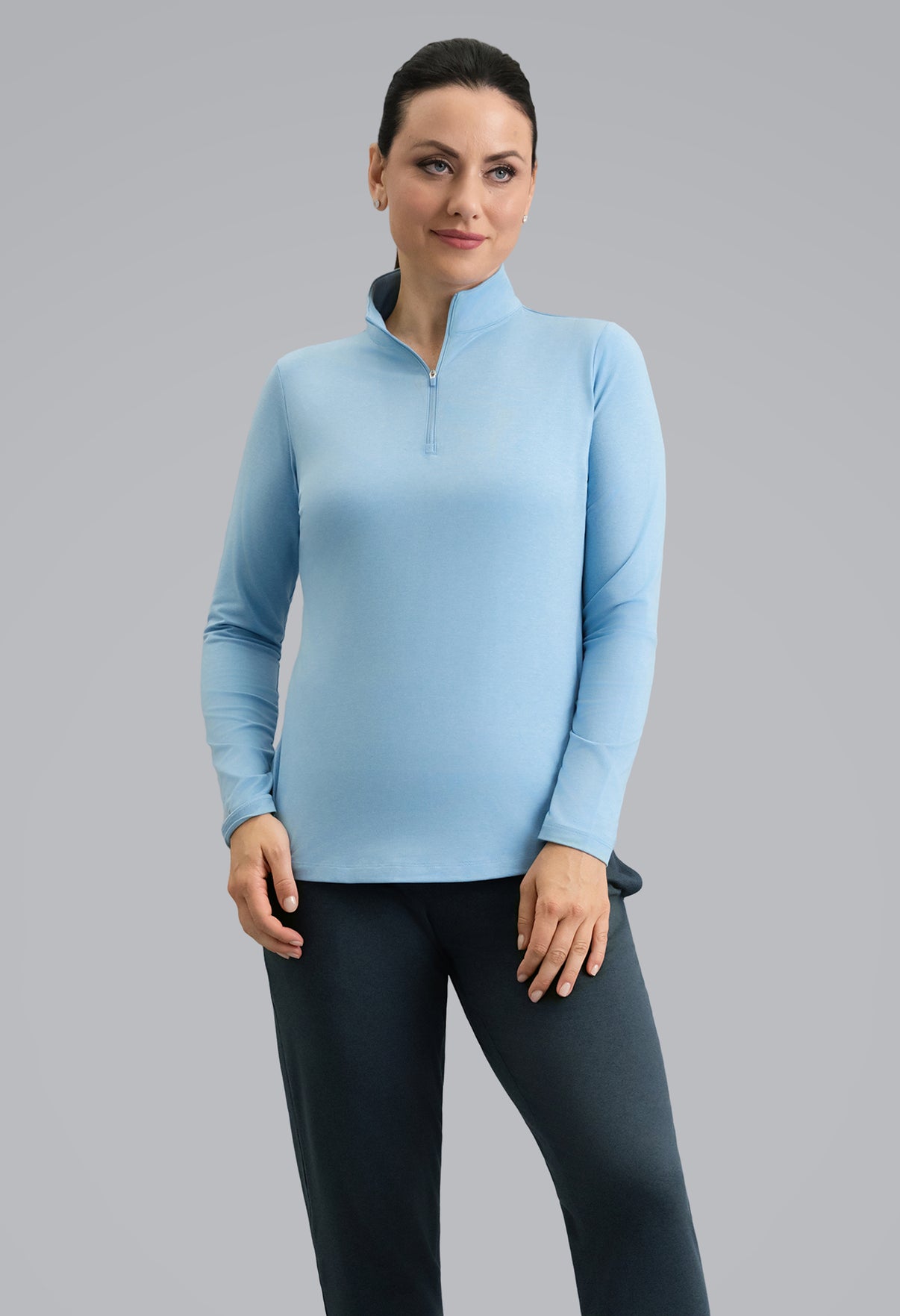 IBKÜL - IBKomfortable Long Sleeve Mock Neck Top - Color: Chambray Heather