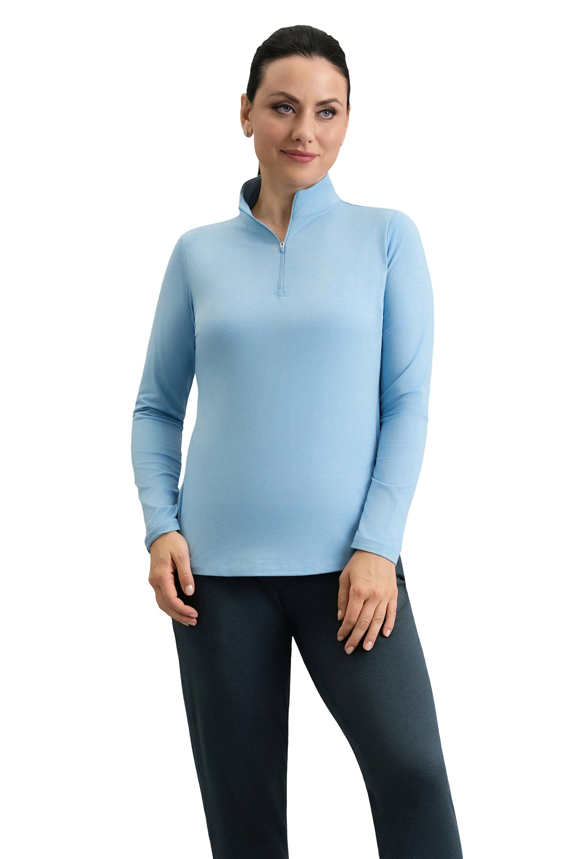 IBKÜL - IBKomfortable Long Sleeve Mock Neck Top - Color: Chambray Heather
