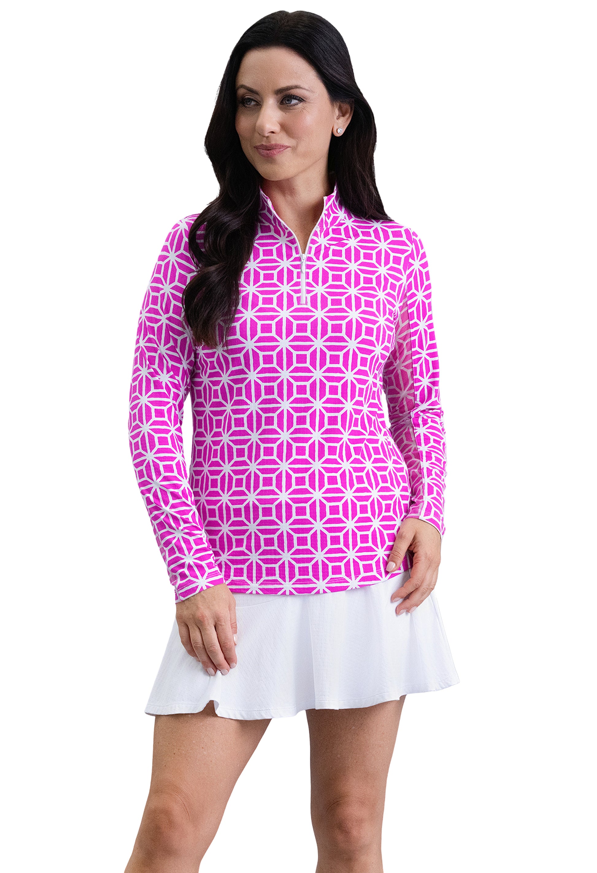 IBKÜL - Carolyn Long Sleeve Mock Neck Top - Color: Hot Pink