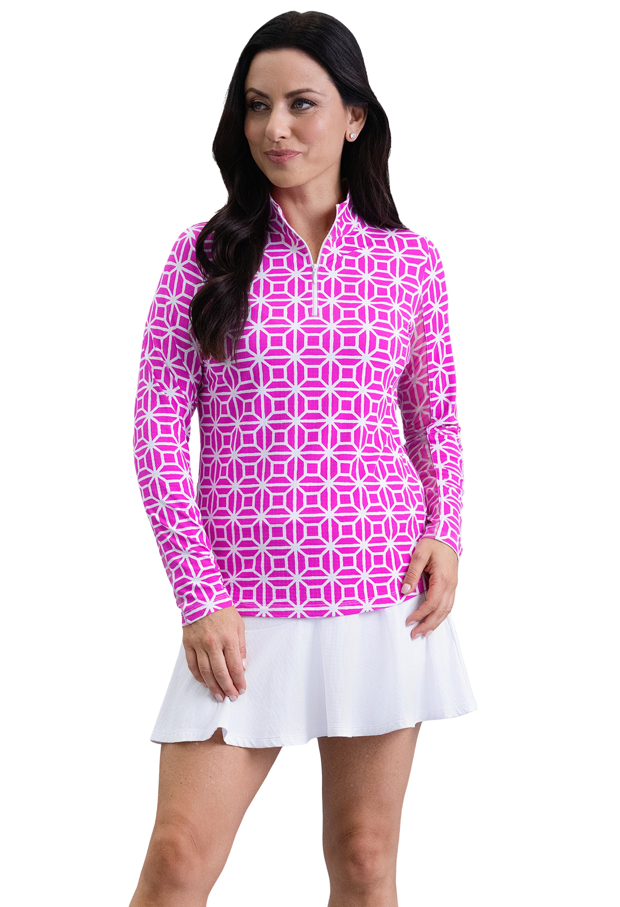 IBKÜL - Carolyn Long Sleeve Mock Neck Top - Color: Hot Pink