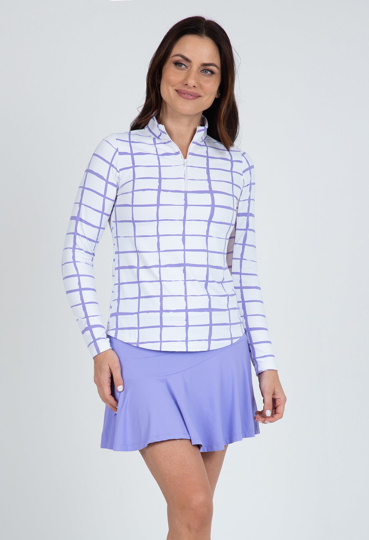 IBKÜL - Cordova Print Long Sleeve Mock Neck Top – 10495 - Color: White/Lavender