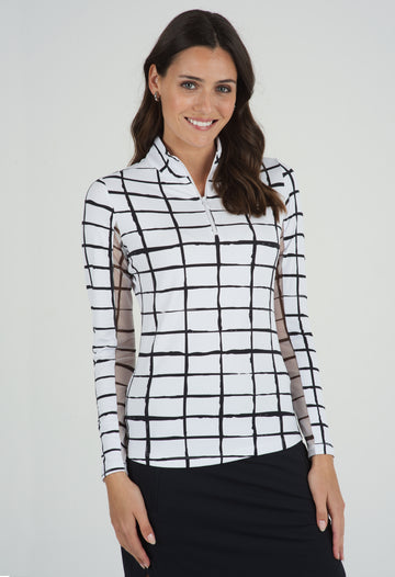 IBKÜL - Cordova Print Long Sleeve Mock Neck Top – 10495 - Color: White/Black