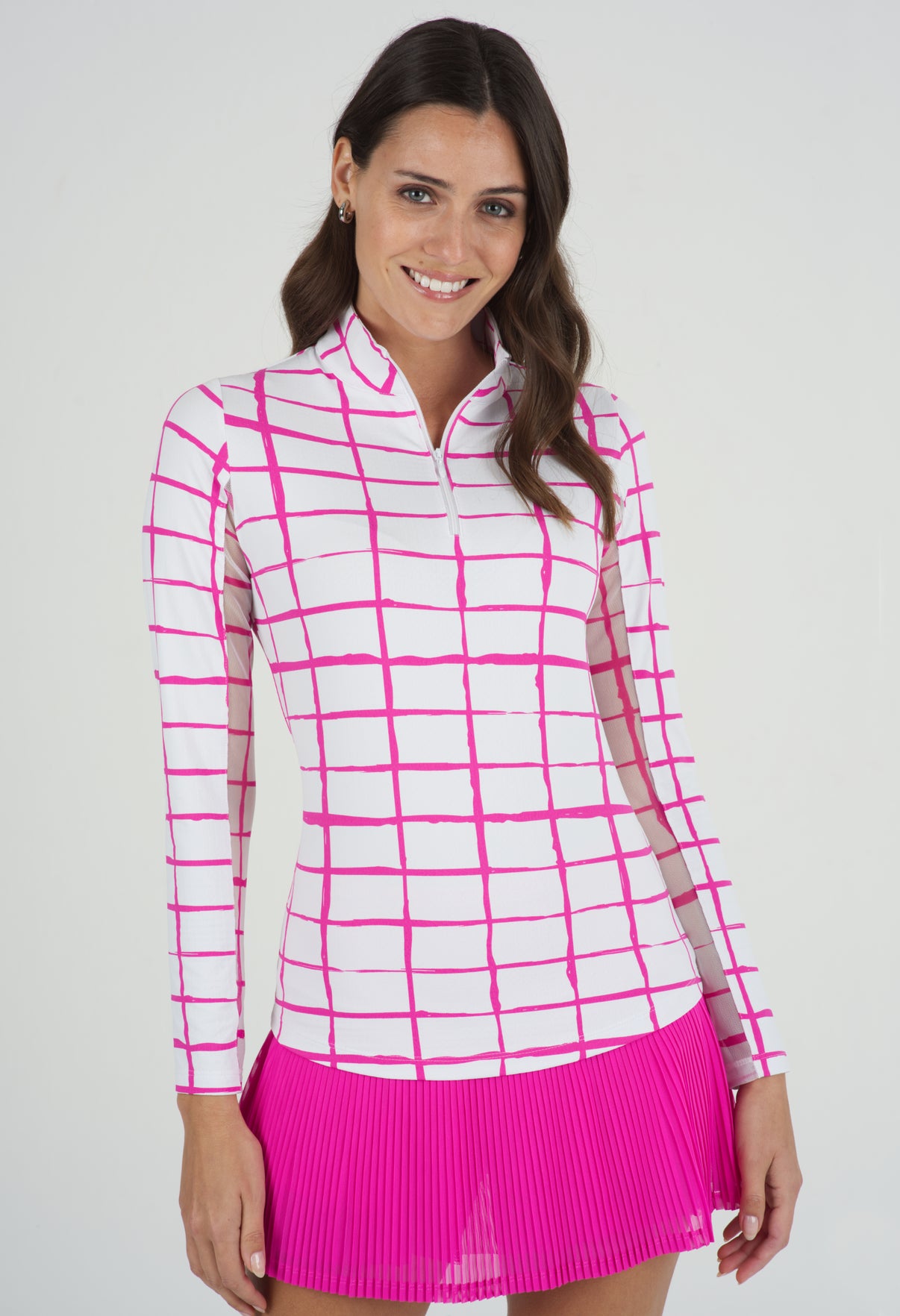 IBKÜL - Cordova Print Long Sleeve Mock Neck Top – 10495 - Color: White/Hot Pink