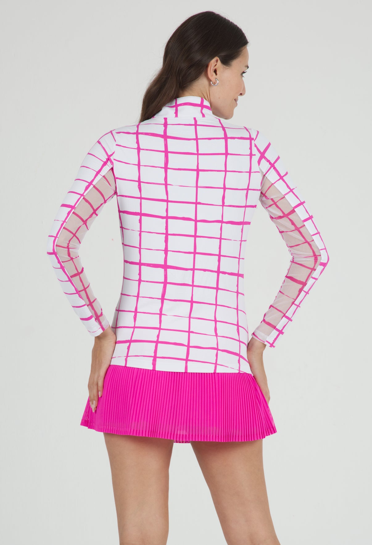 IBKÜL - Cordova Print Long Sleeve Mock Neck Top – 10495 - Color: White/Hot Pink
