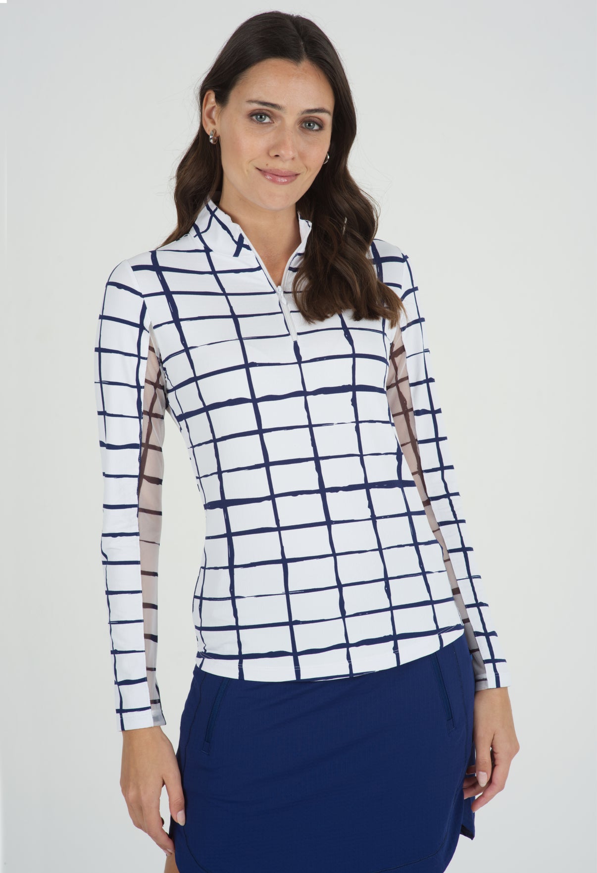 IBKÜL - Cordova Print Long Sleeve Mock Neck Top – 10495 - Color: White/Navy