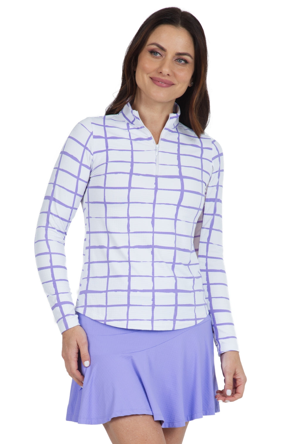 IBKÜL - Cordova Print Long Sleeve Mock Neck Top – 10495 - Color: White/Lavender