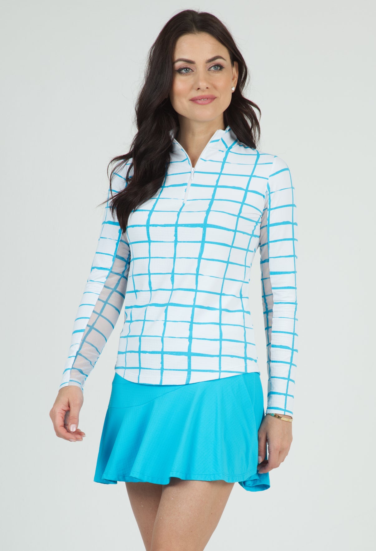 IBKÜL - Cordova Print Long Sleeve Mock Neck Top – 10495 - Color: White/Turq